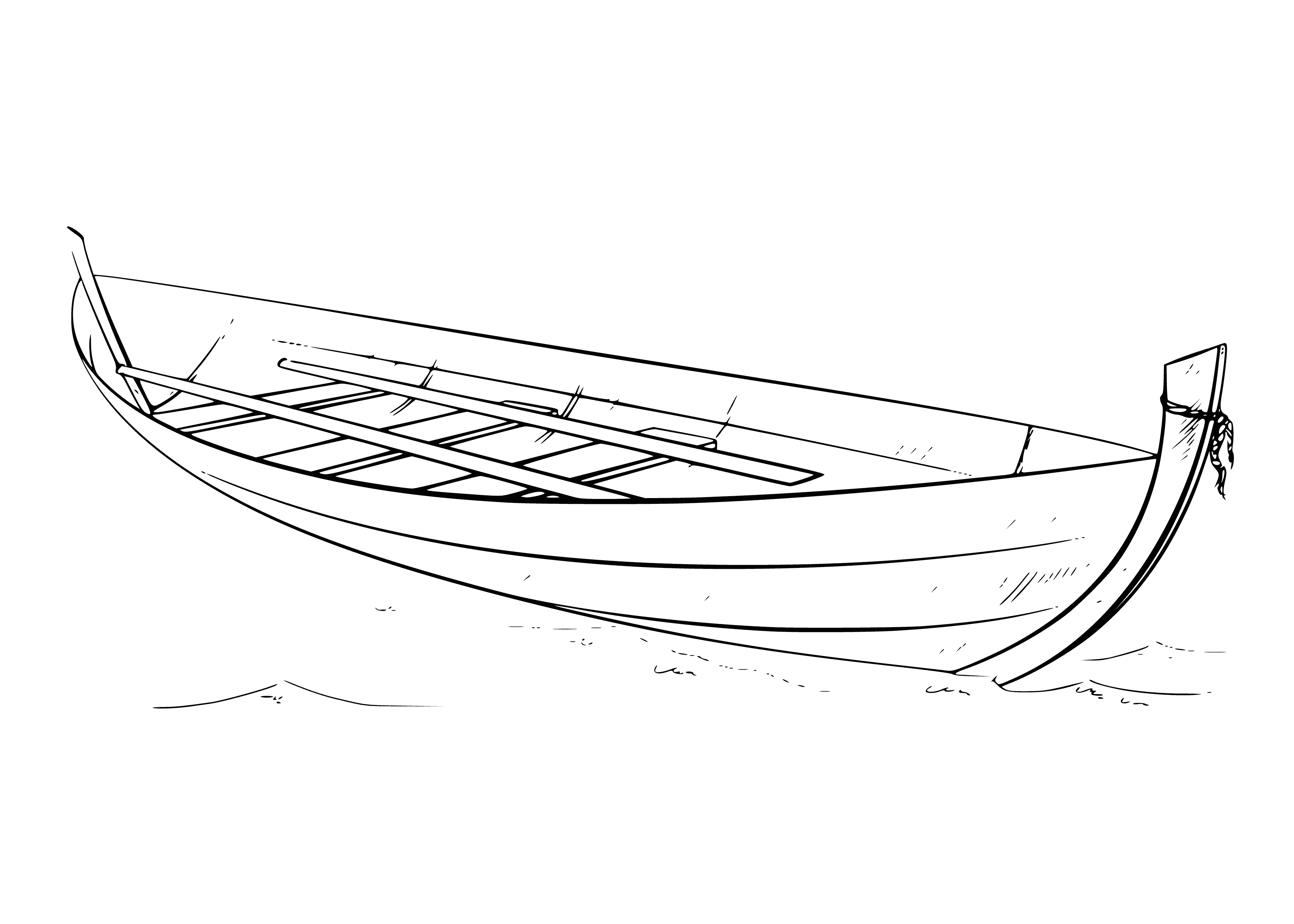 coloring page: Sailing through calm waters, a ship with sails down & oars out shown on the coloring page.