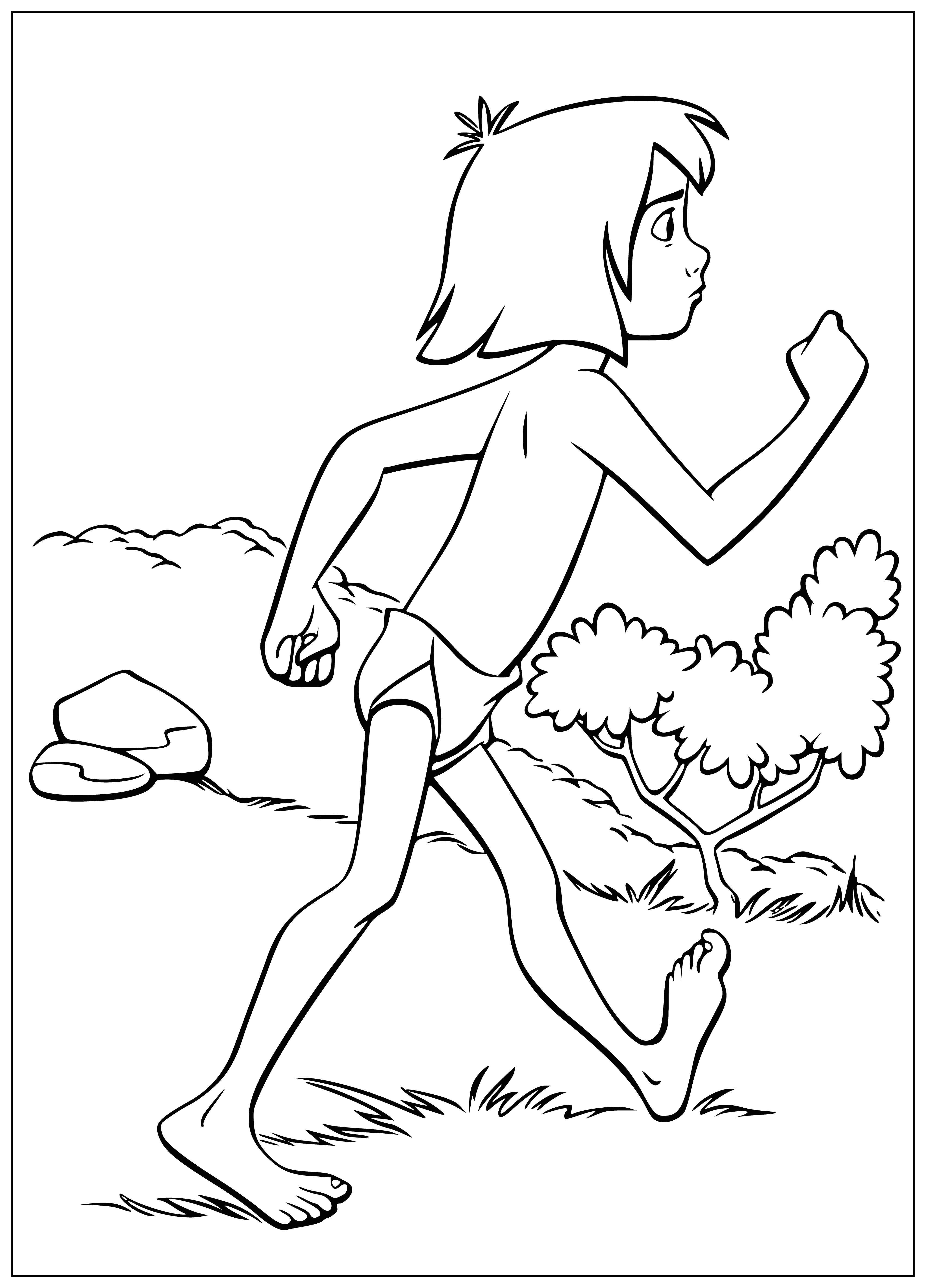 coloring page: Mowgli, a young boy with light skin, is happily surrounded by a tiger, snake & elephant in the jungle. He has a knife and wears a loincloth.