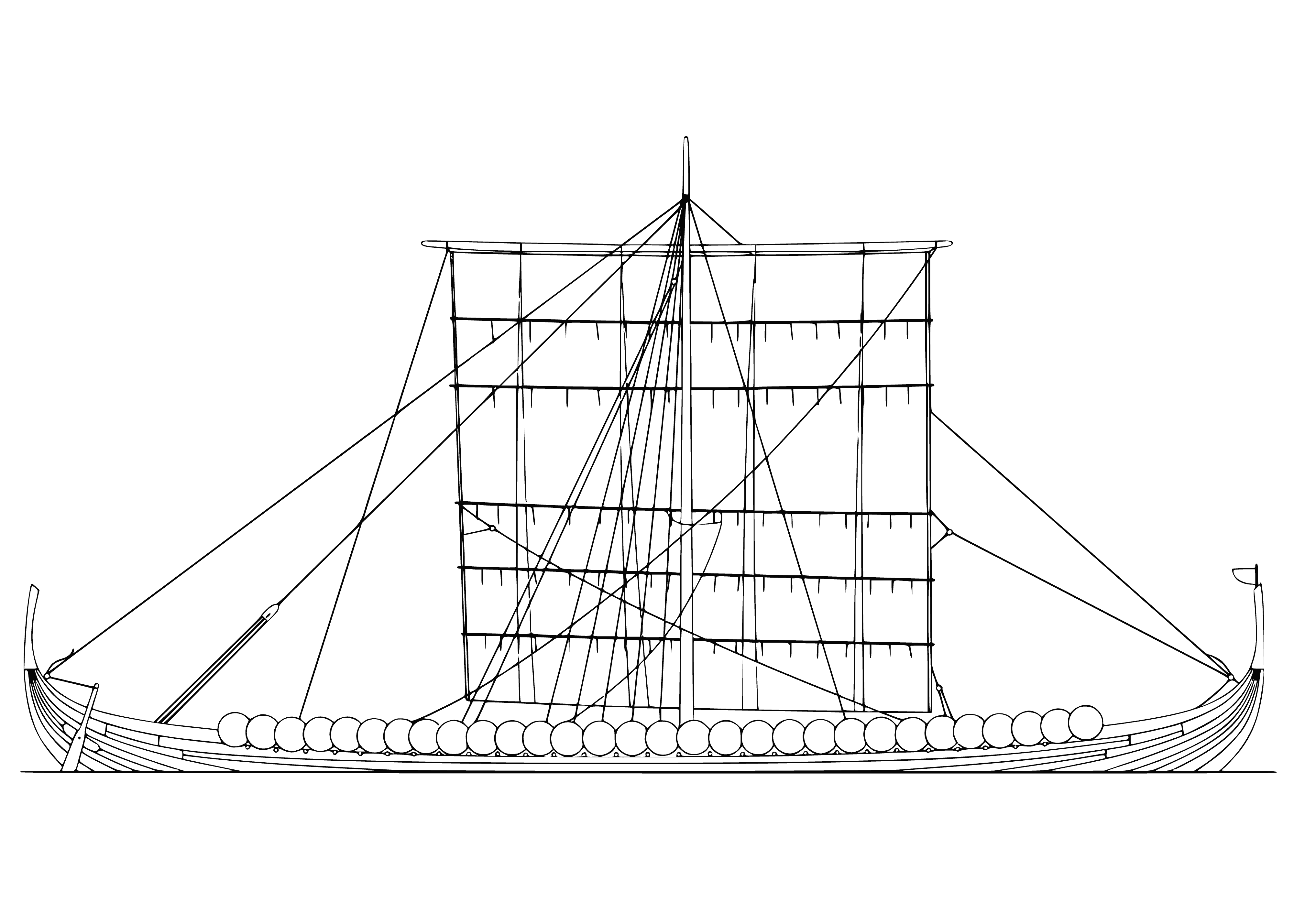 coloring page: Viking battle ship made of wood, square sail, oars, large dragon head on front.