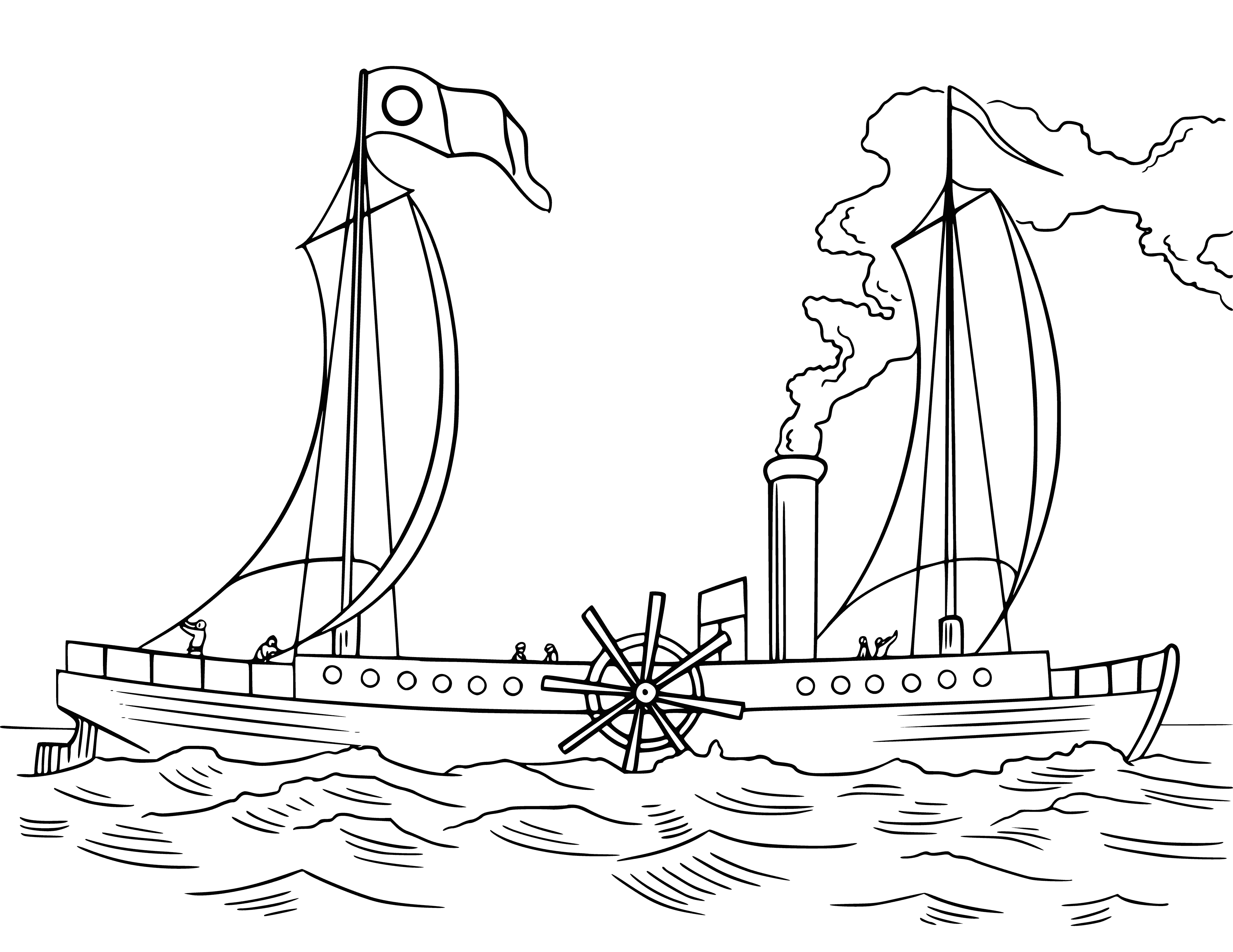 coloring page: Ships and sailboats galore! A large steamship with its chimneys a-puffin' and a village in the distance.