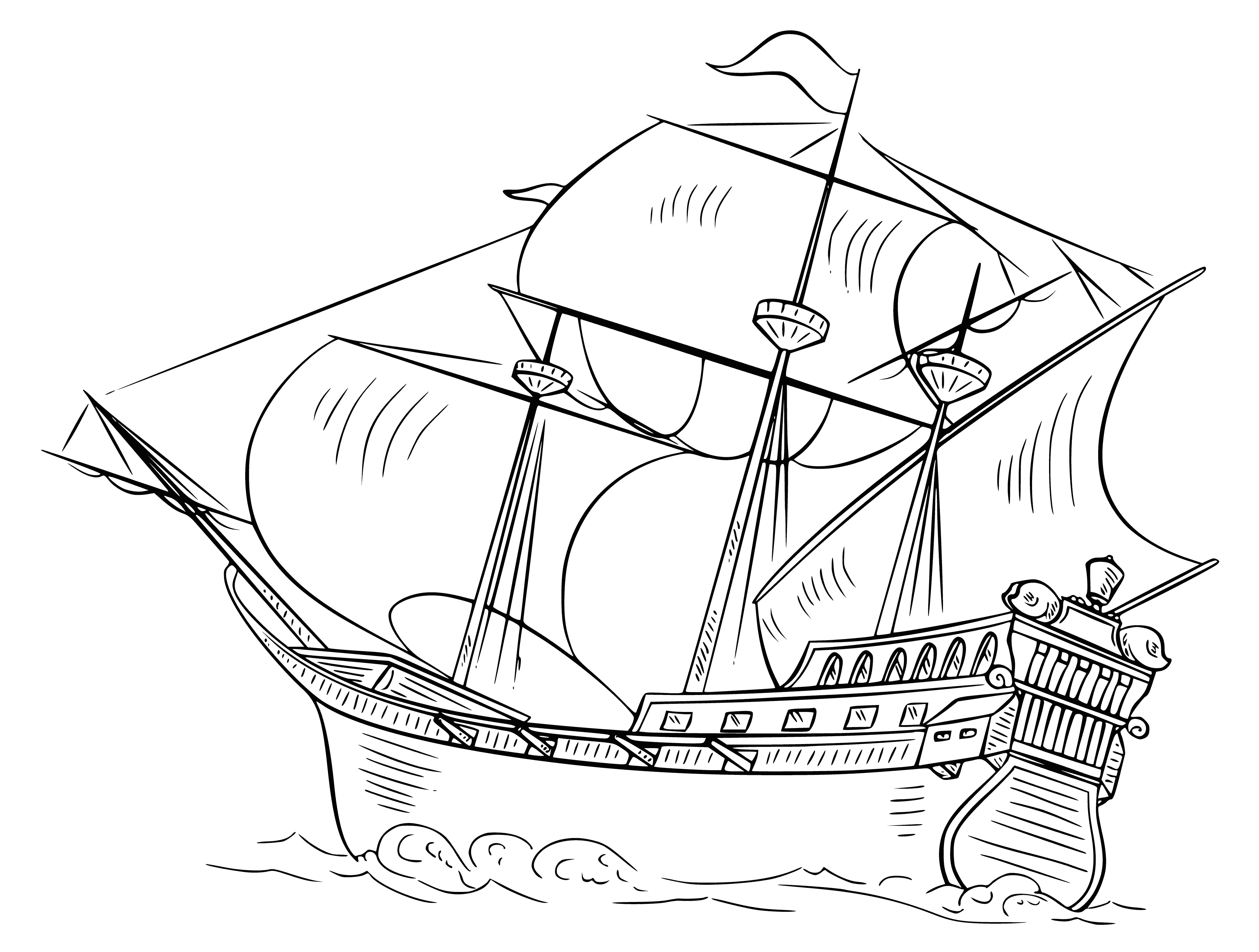coloring page: Large 3-masted sailing ship. Gray hull, 2 decks, windows, 2 cargo holds & complex rigging w/many sails of different sizes.