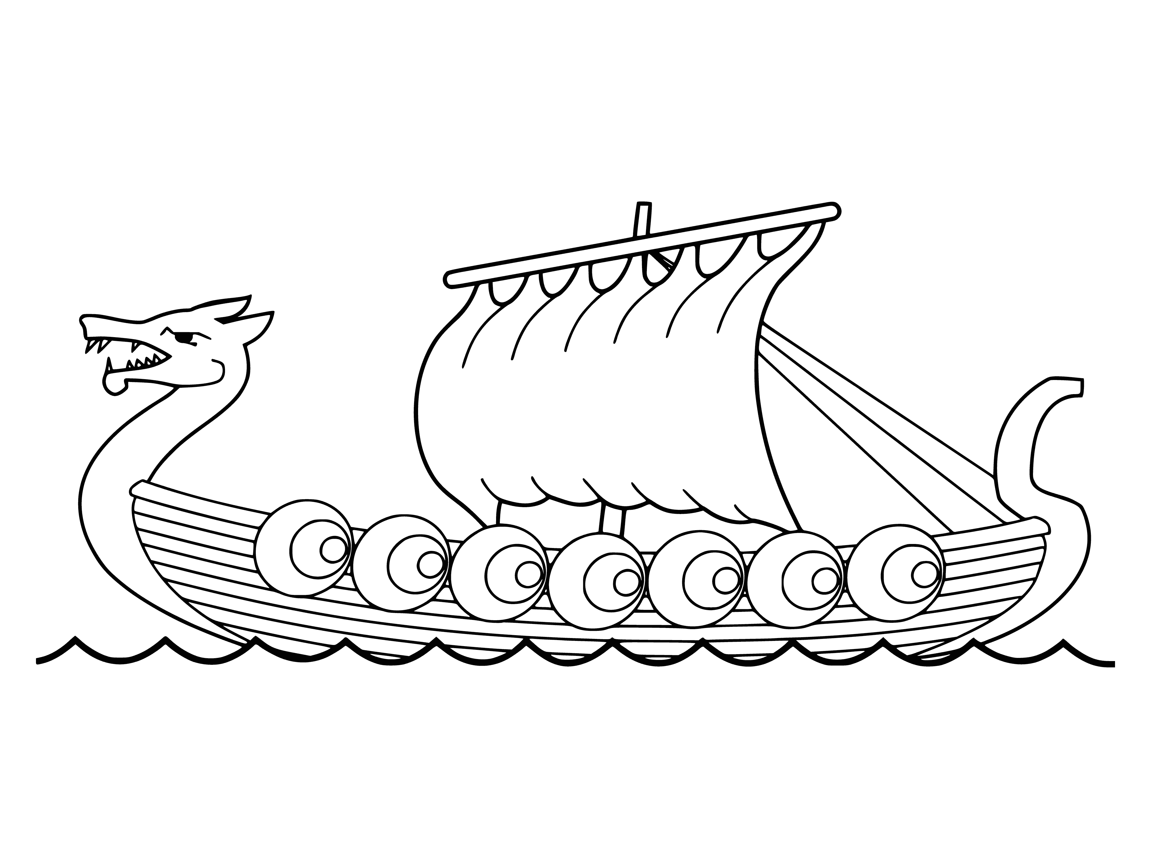 coloring page: Viking ship: long, narrow w/pointed bow/stern, oars, large sail, colorful carvings, dragon figurehead.