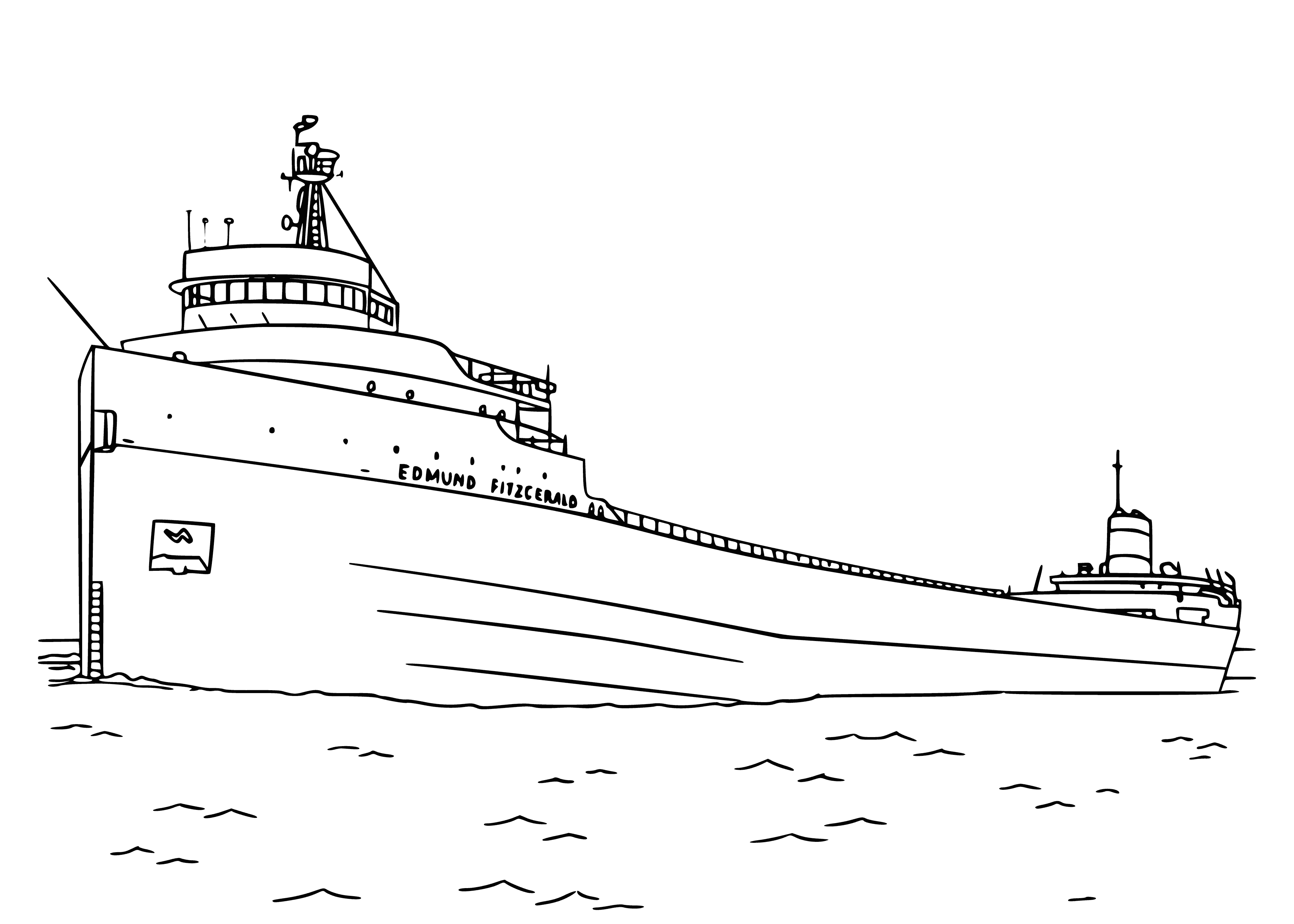 coloring page: Ship docked at port, crane lifting & stacking containers on dock.