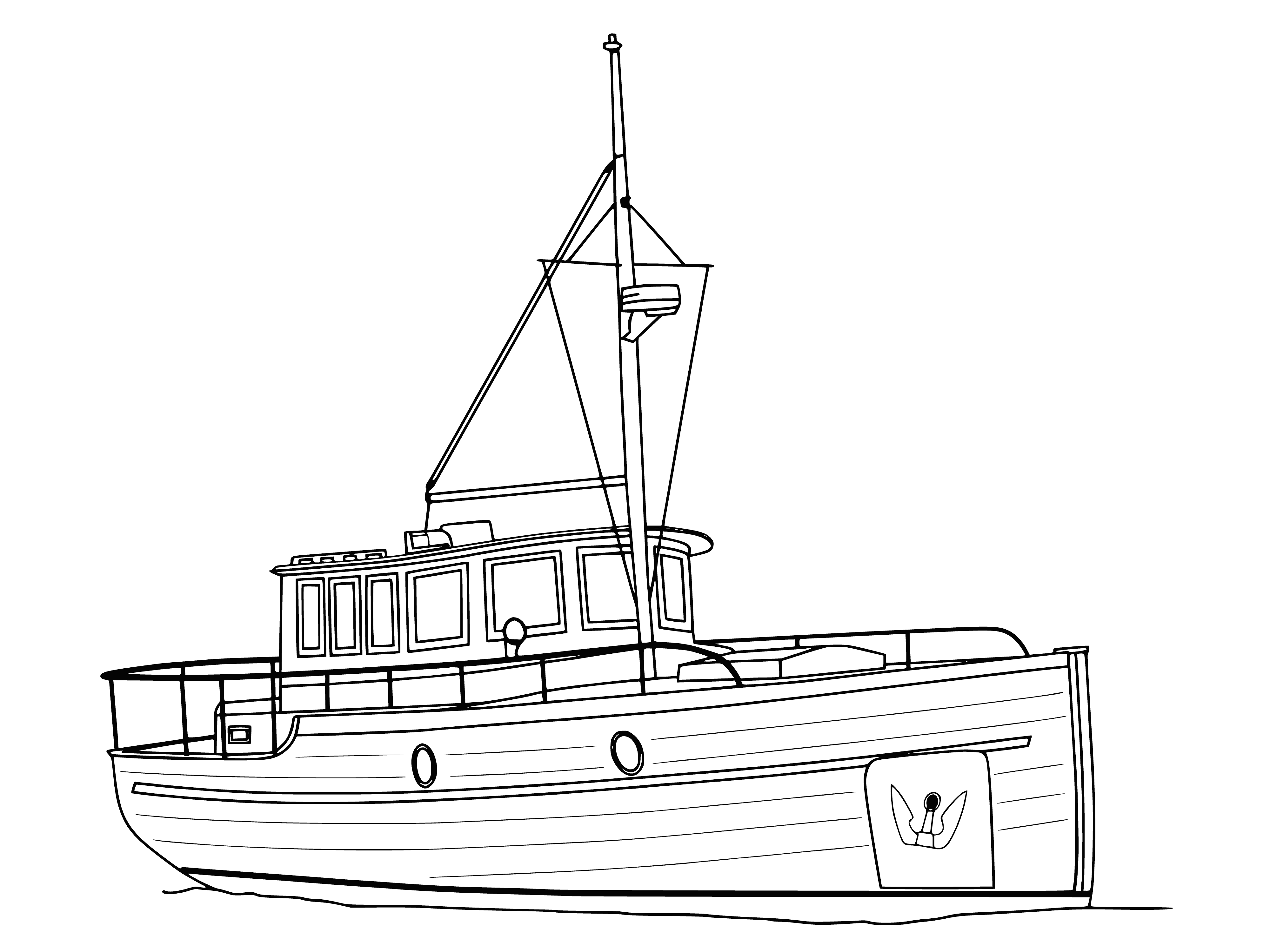 coloring page: A white ship with red stripes and sails sails in calm sea with a red flag on the mast. #ColoringPage