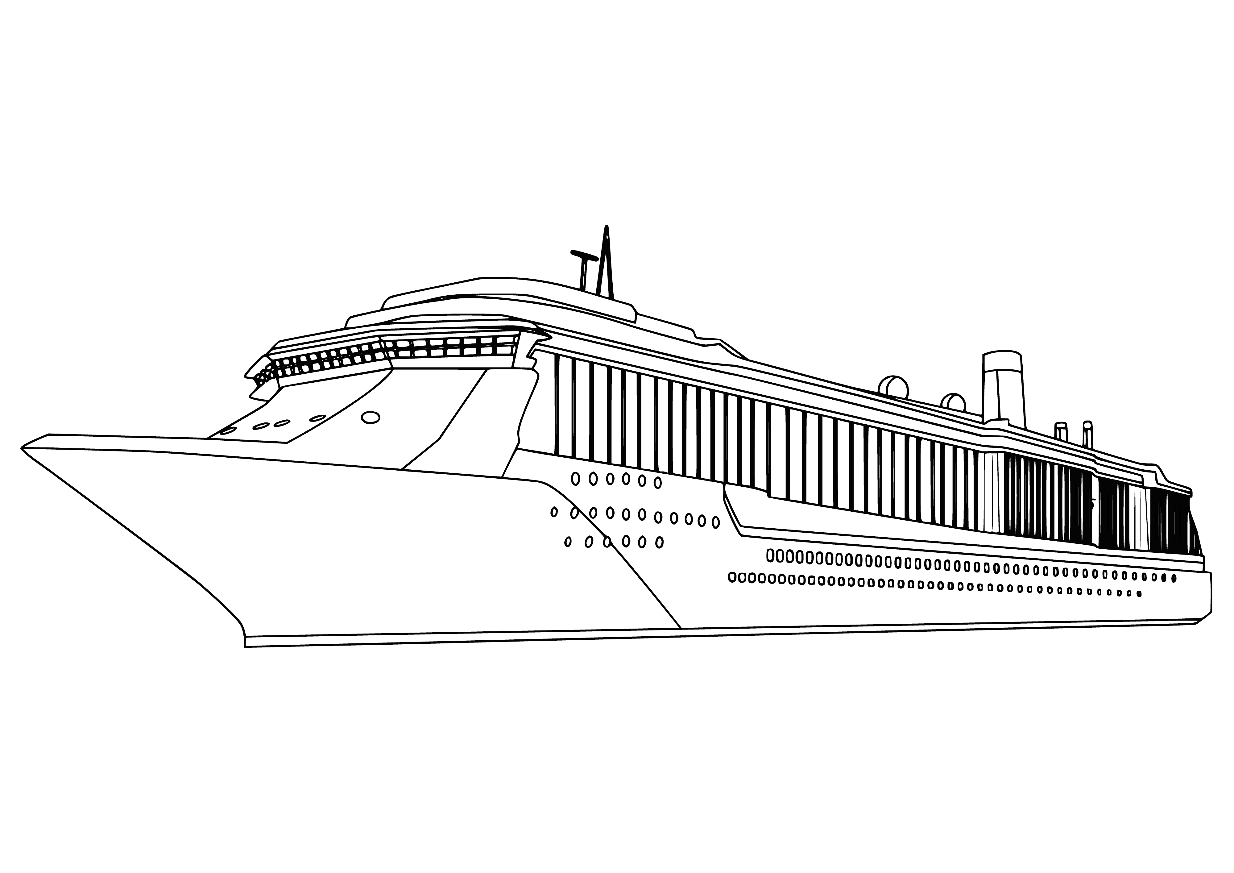coloring page: Luxurious ocean liner has multiple decks, lifeboats, and suites for guests to stay in while traveling across the sea. #Travel
