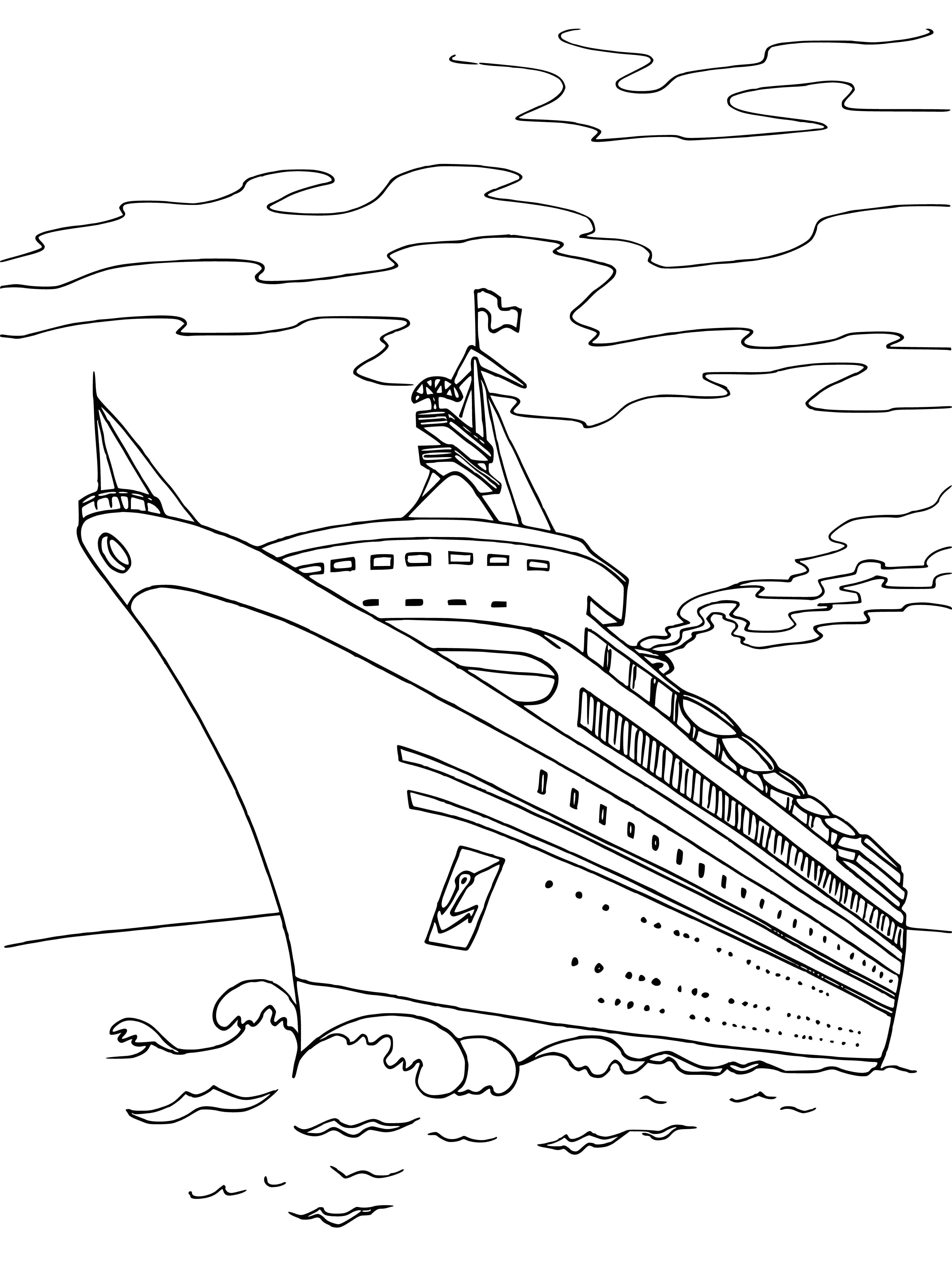 coloring page: Giant, multi-decked ship w/ many windows & tall chimneys, large white sails & smaller ones, flag w/ unknown emblem, decorated w/ lifeboats.