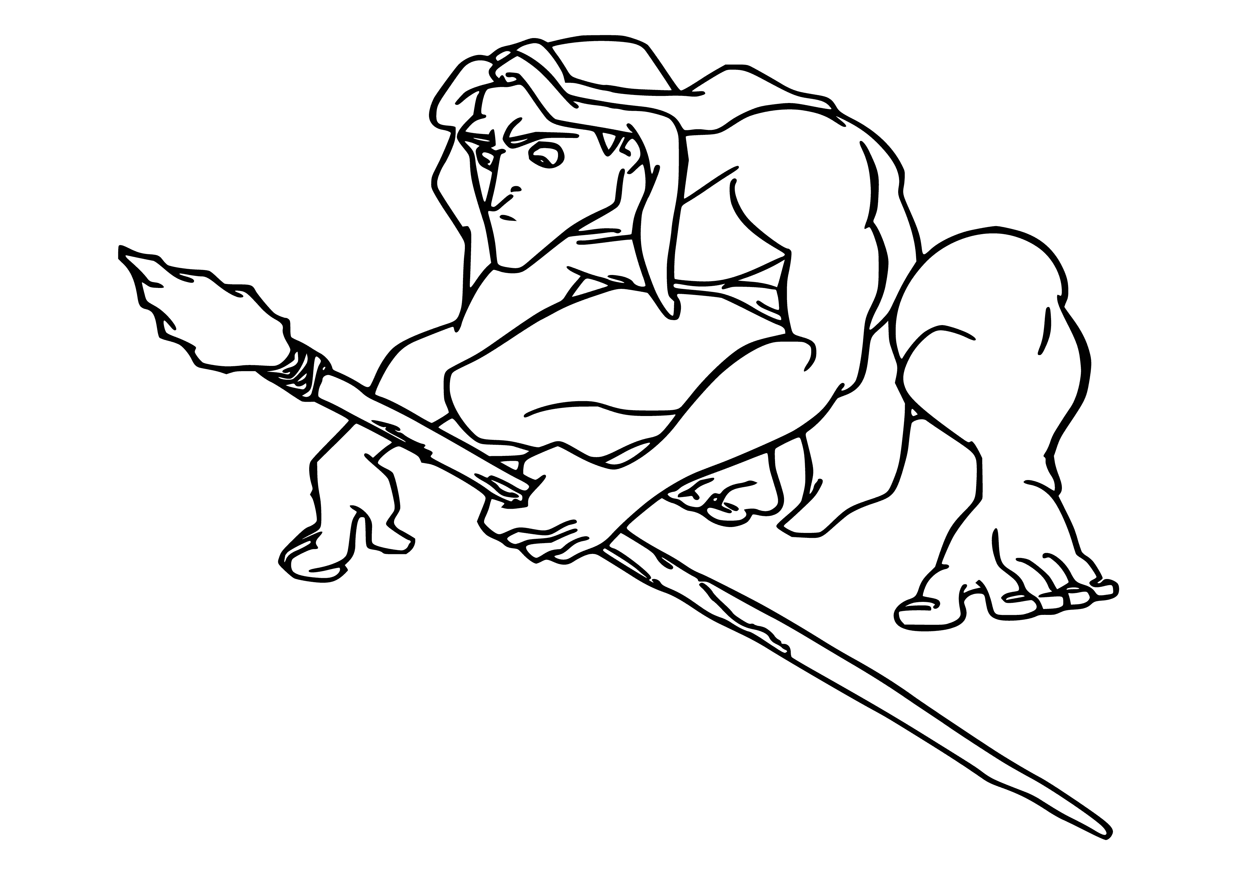 coloring page: A fierce-eyed man with a spear and knife stands upon a branch, strong and shirtless. His long hair flows as he stares ahead.
