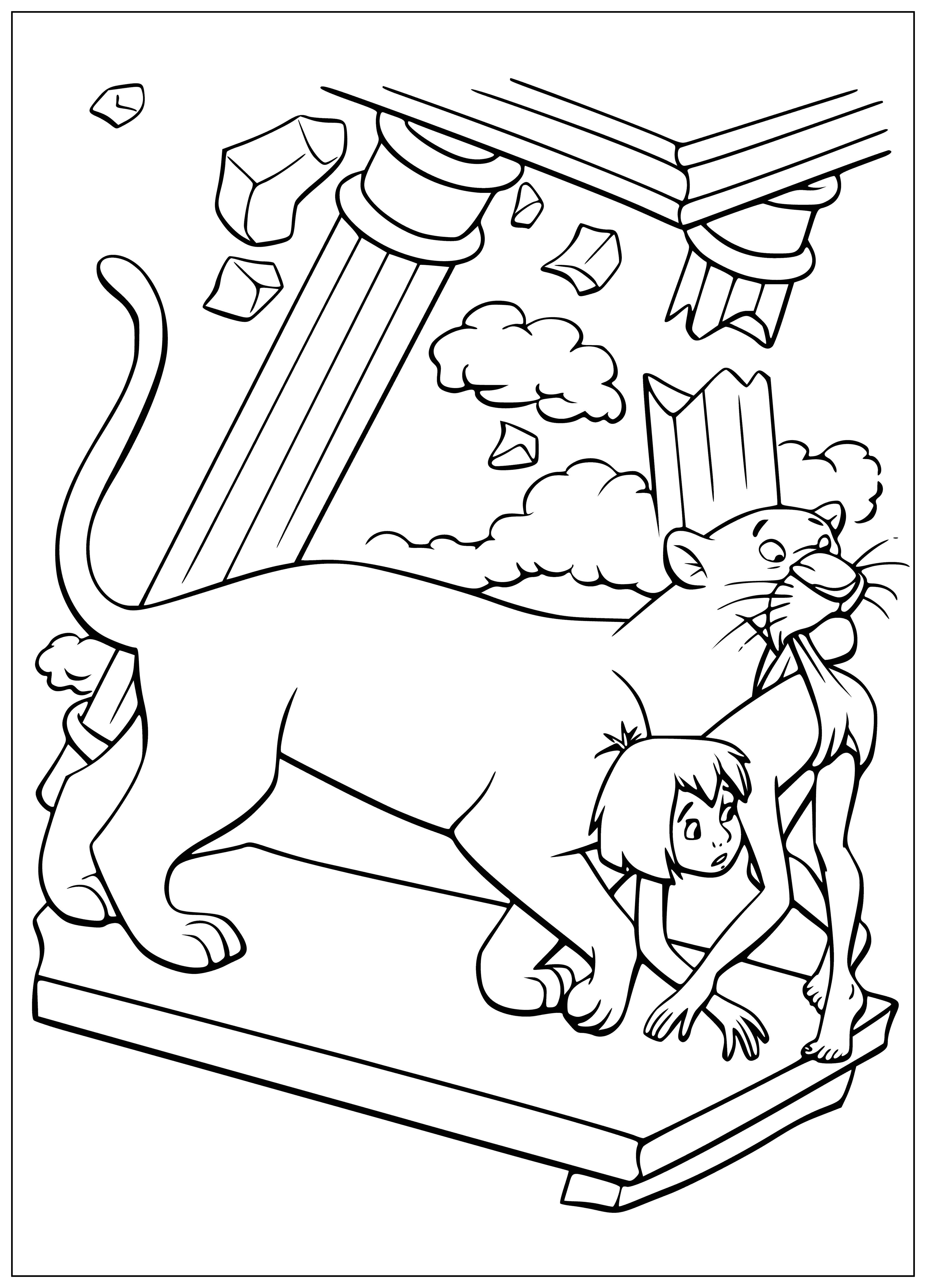 coloring page: Mowgli is surrounded by three animals - a tiger, python & lion - in a jungle scene for coloring. Bagira, the tiger, has eyes closed & Mowgli's hand on the python's head.