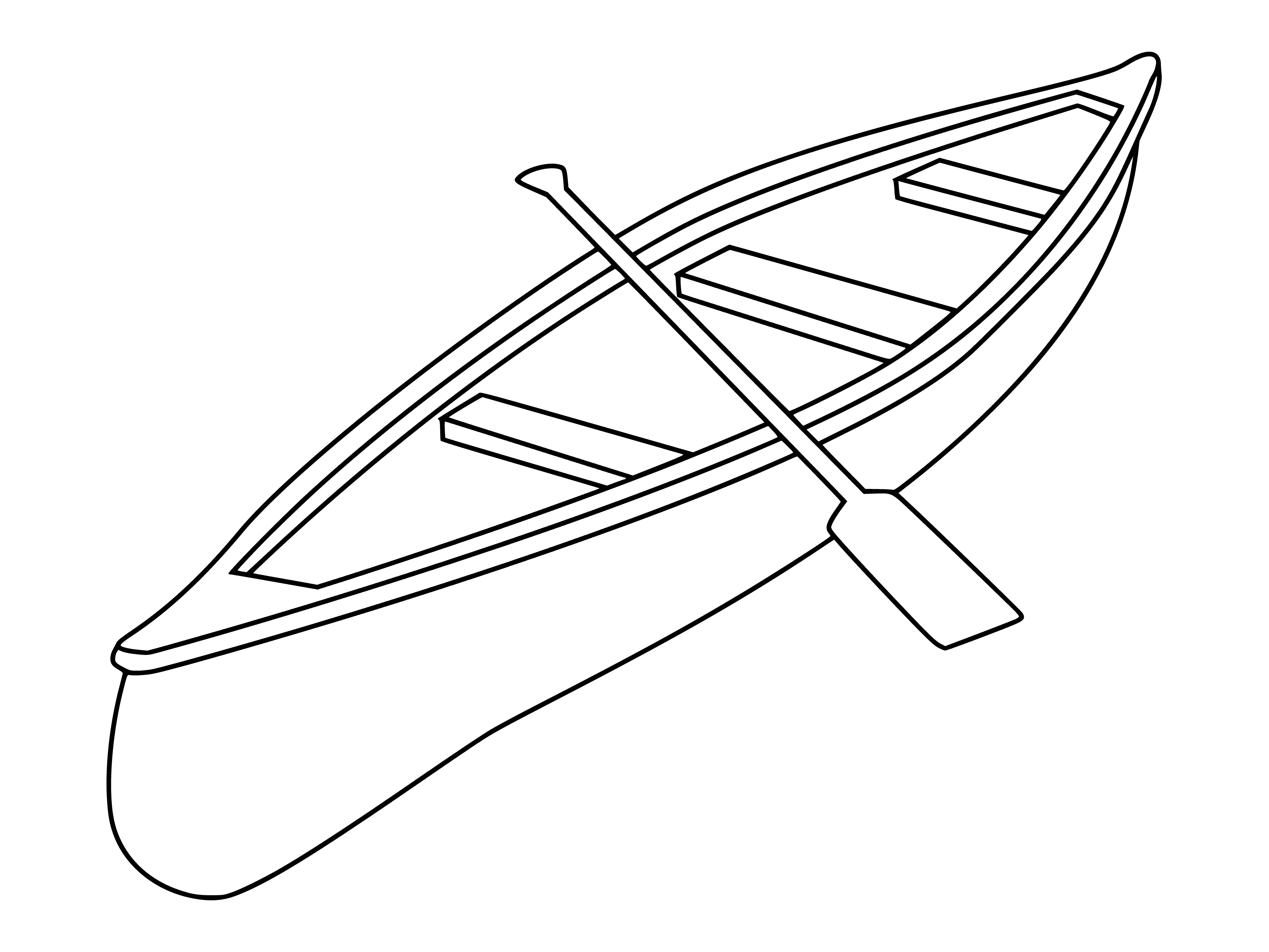 coloring page: Two in a small rowboat, one rowing, one in front. Peaceful body of still water.