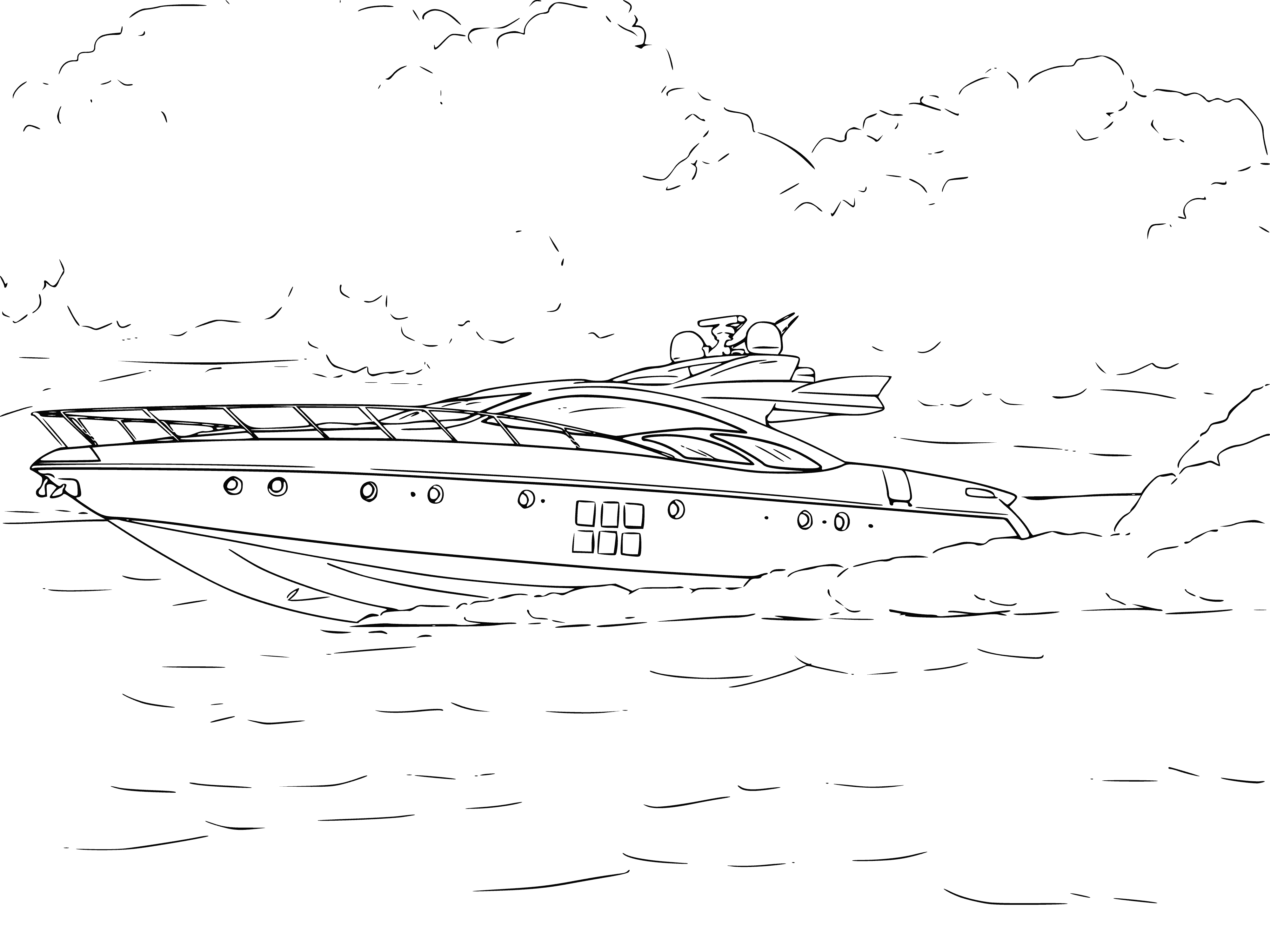 coloring page: A yellow powerboat with a blue stripe cruises with a person in the cockpit wearing a life jacket. It has a cabin.