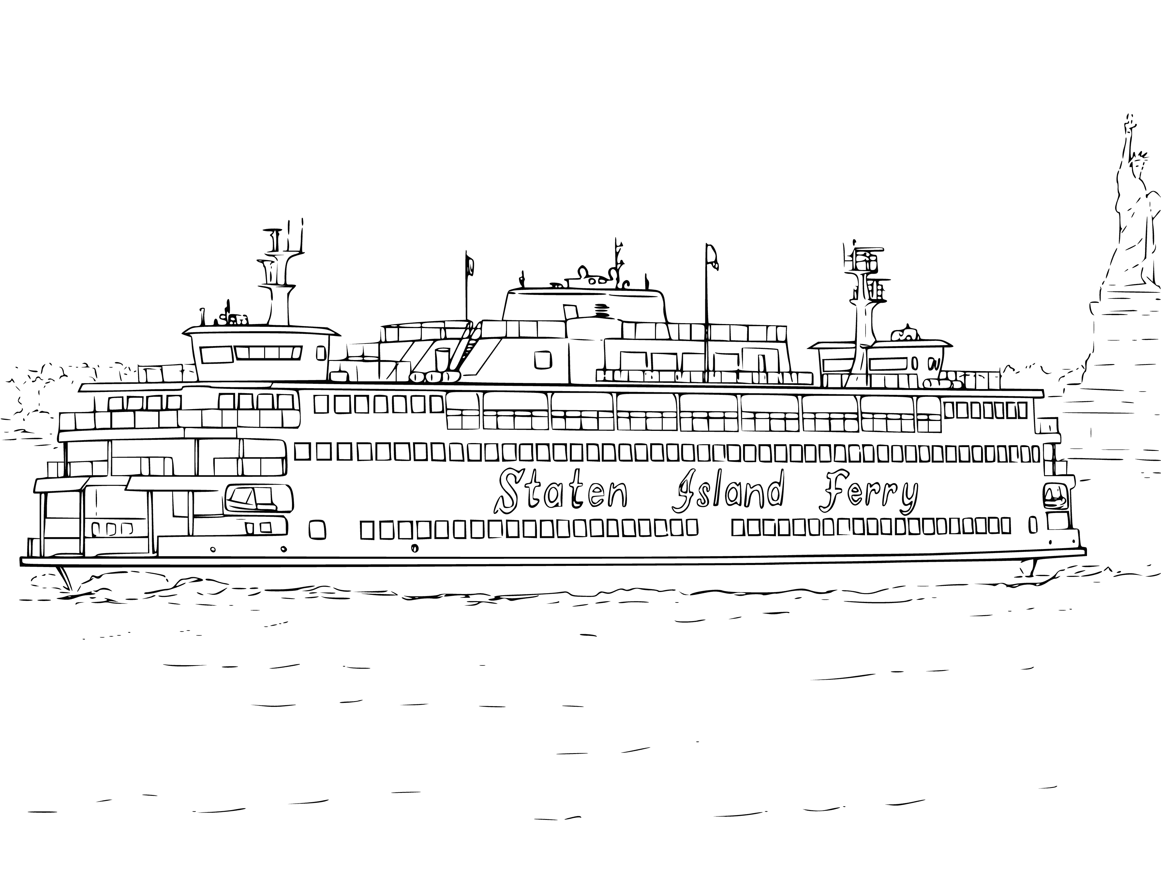 coloring page: People on Ferry enjoying views in many ways: walking, sitting, standing. Big, white Ferry with blue stripes and many levels, windows. #Ferrylife