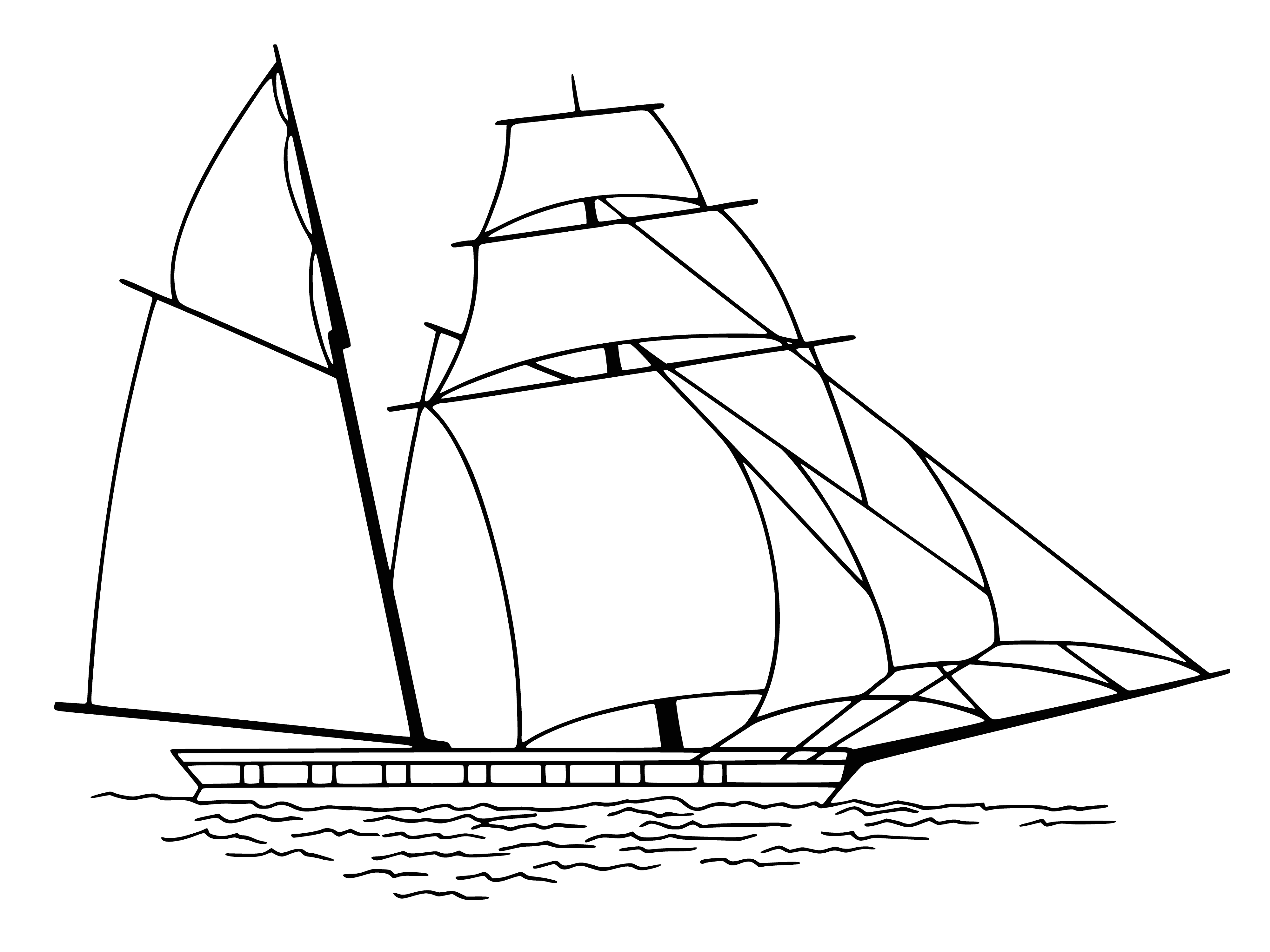 coloring page: 140 characters: A large sailing vessel is in the water, sailing with many sails propelled by the wind, a beautiful sight.