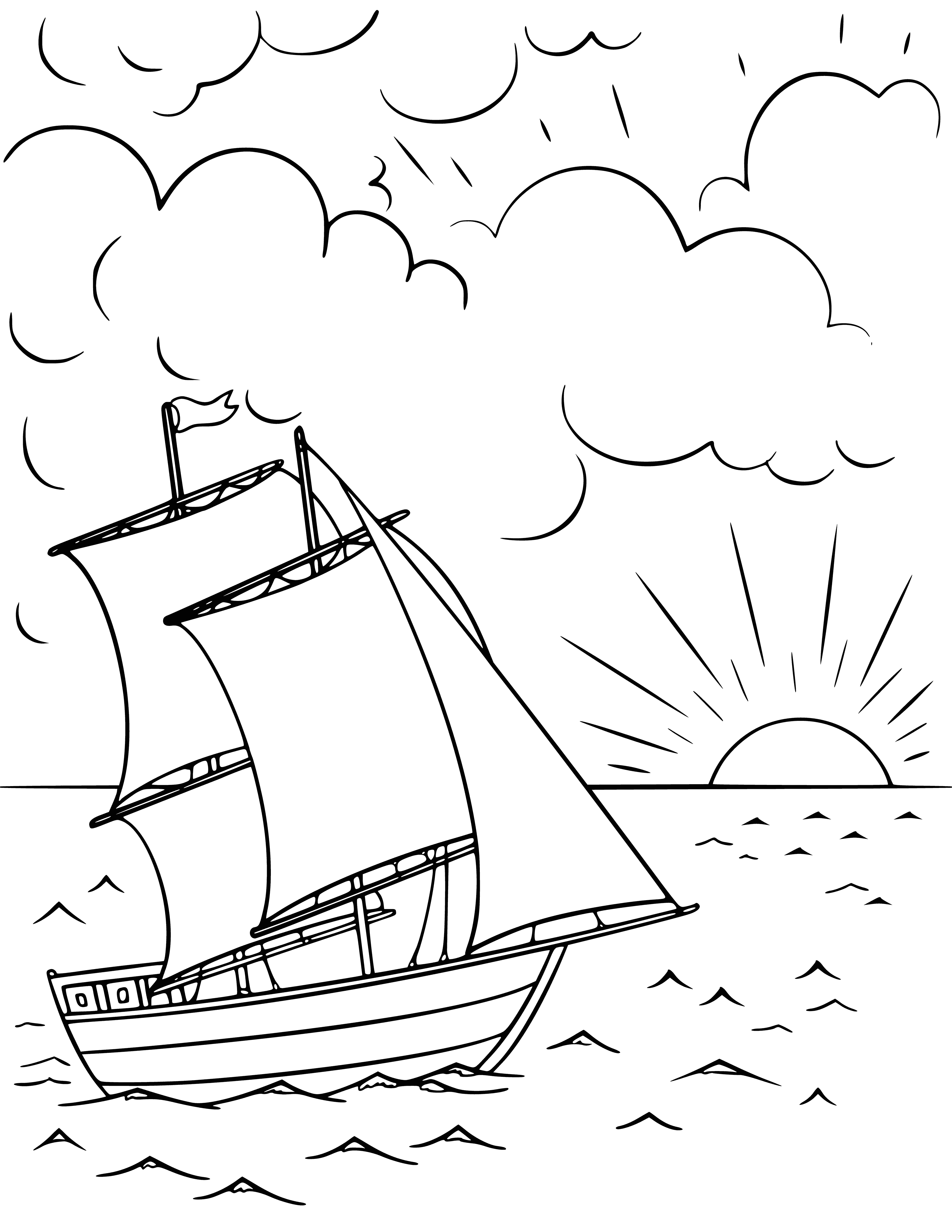 coloring page: A white sailboat, a person in a life jacket, set against an orange/red sky and a dark blue sea as the sun sets.