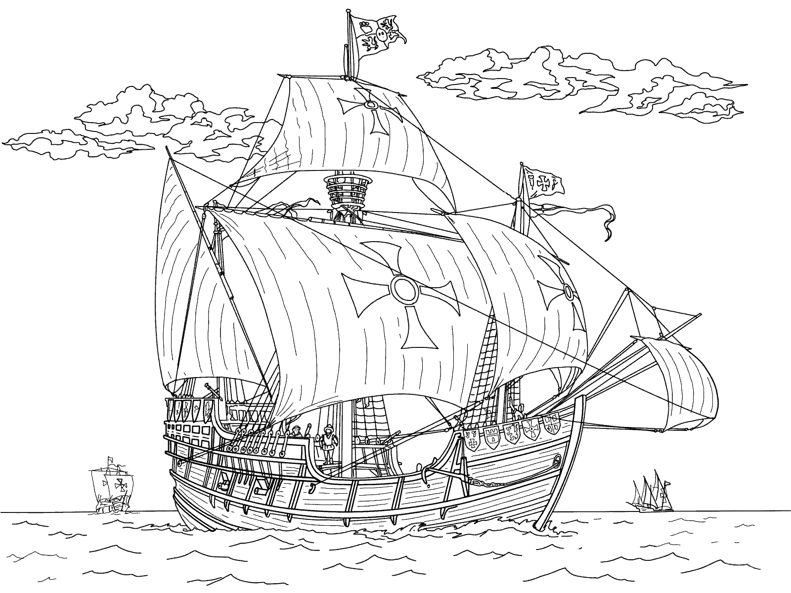 coloring page: Three ships: Niña (smallest), Pinta (middle), Santa Maria (biggest) - all have sails; Niña + Pinta 1 mast, Santa Maria 3 masts.