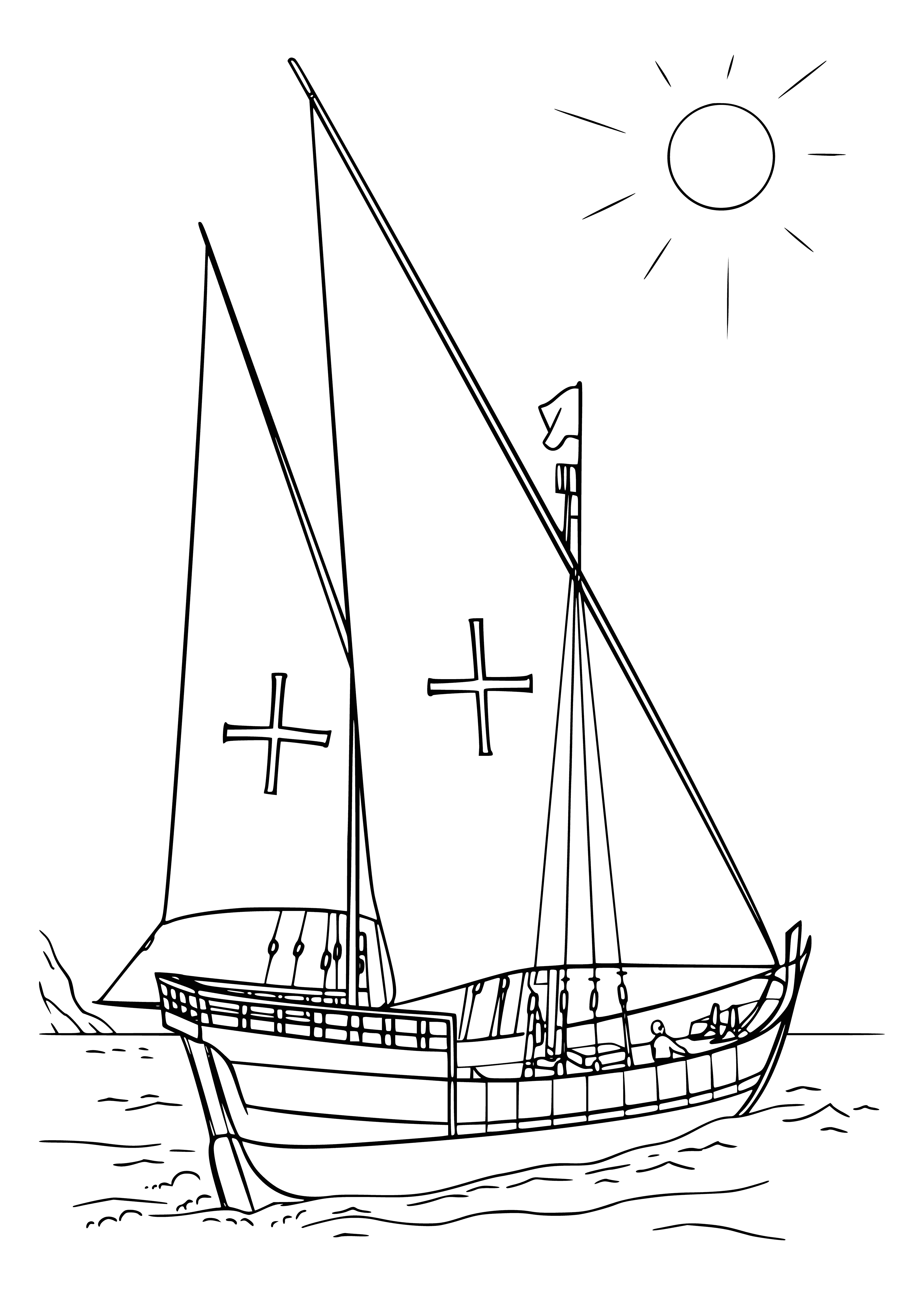 coloring page: Large sailing ship with sails billowing in wind, cruising through calm waters. People on decks & in small boats alongside ship.