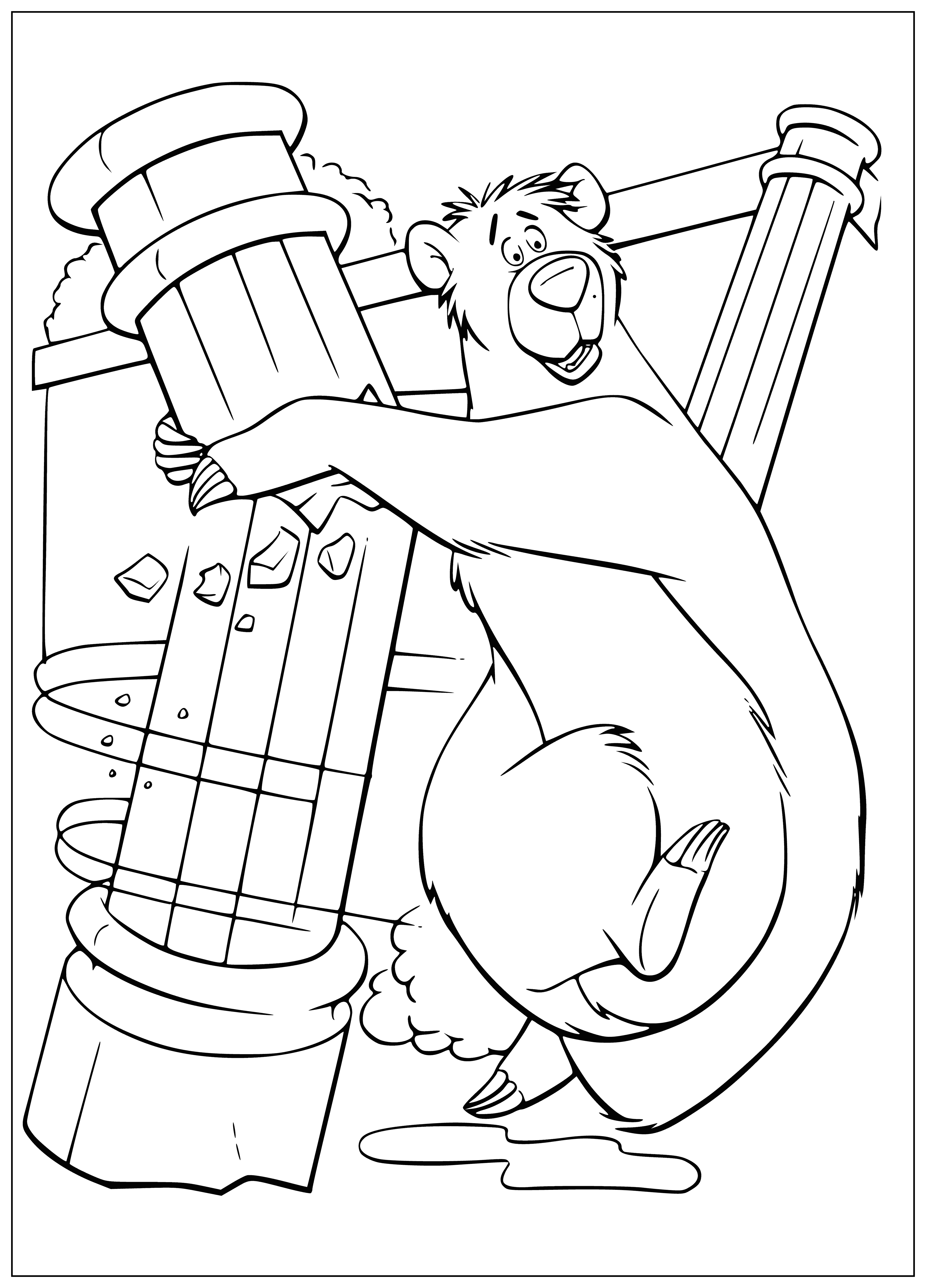 coloring page: Baloo Bear stands in a forest, wide-mouthed and claws raised, with a green neckerchief and a leaf in his mouth. Behind him, a monkey climbs up the tree. #JungleBook