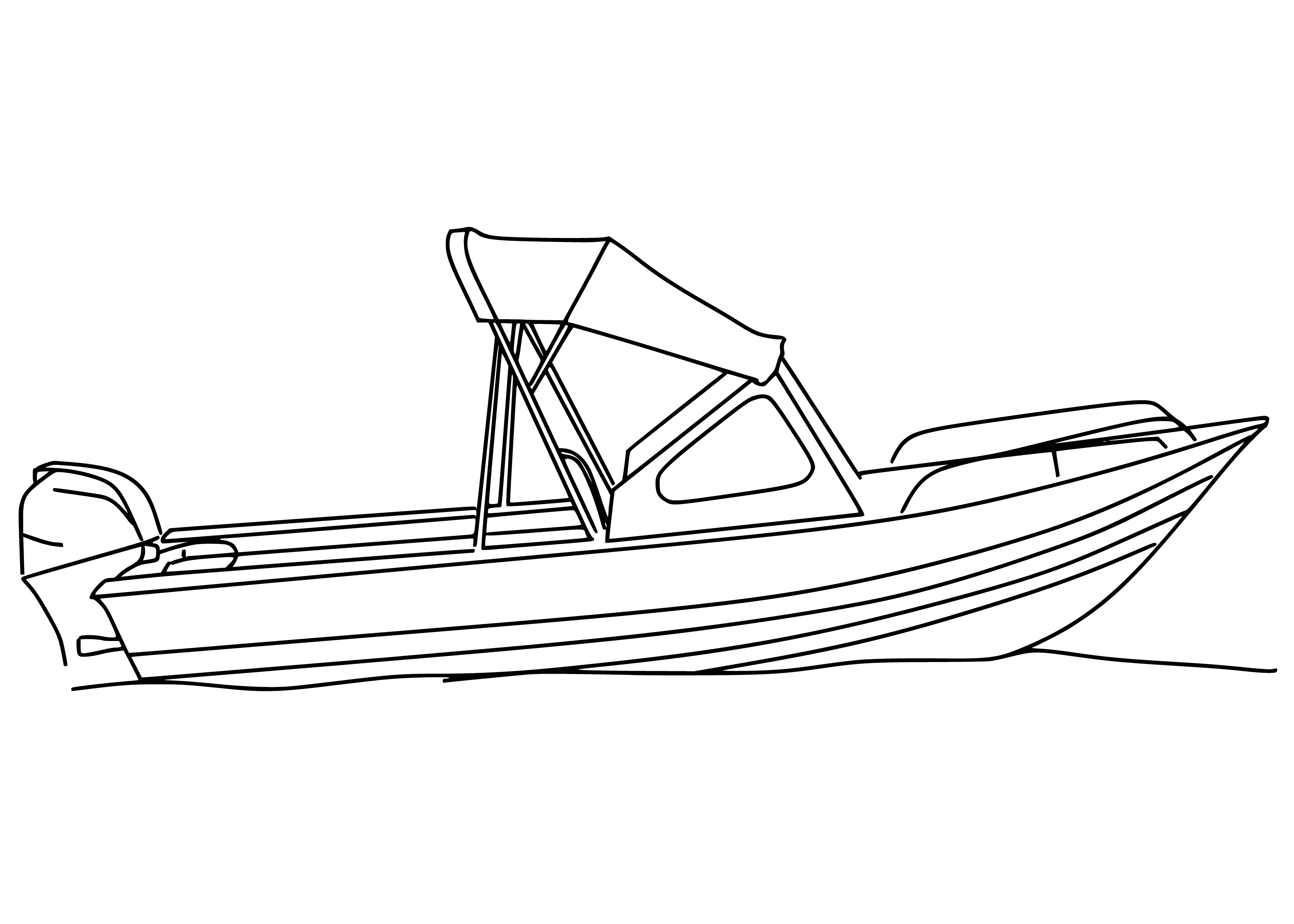 coloring page: A white boat with a tall mast and large rectangular sail races through the water, creating a wake.