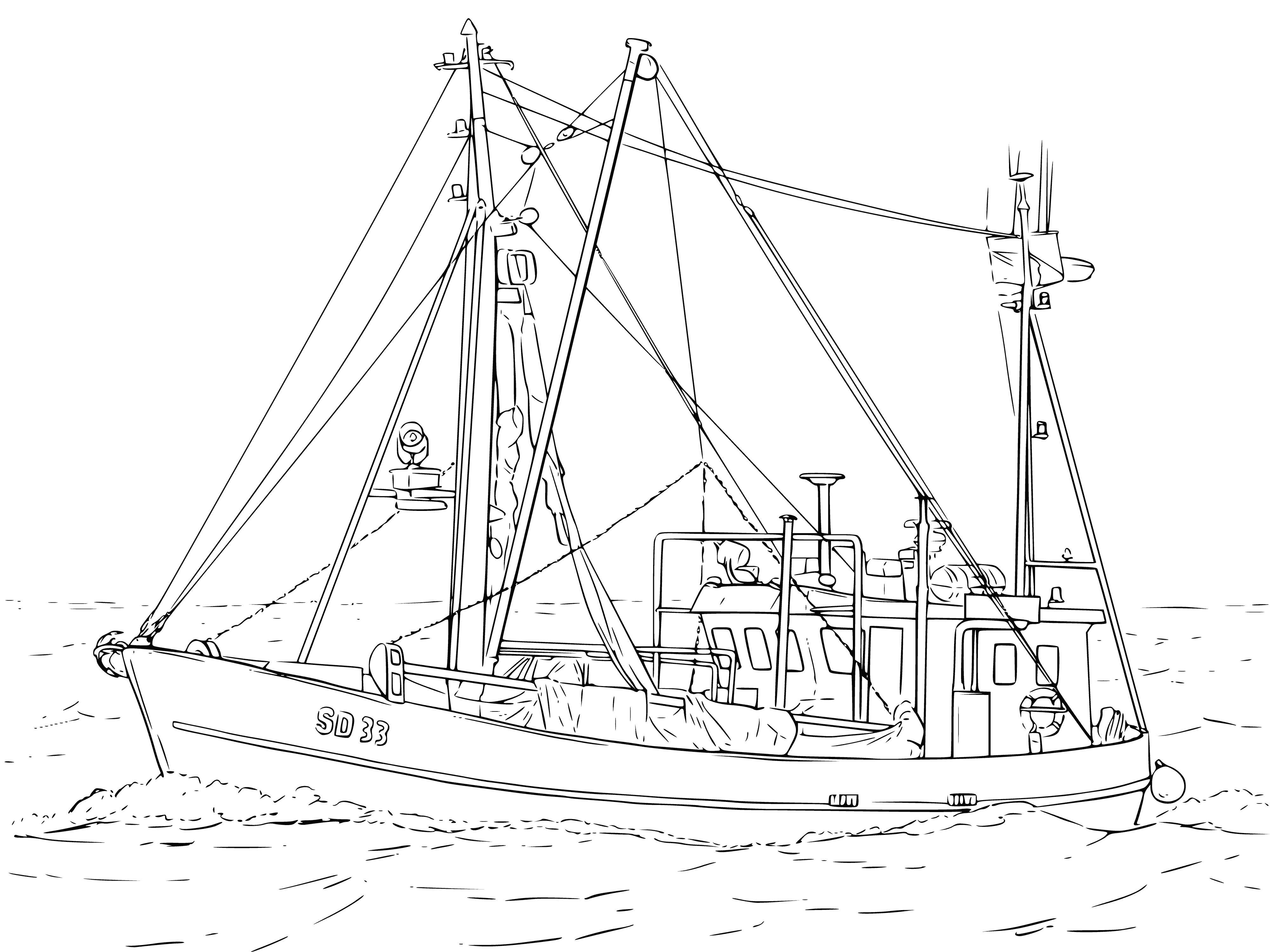 coloring page: Two boats docked at pier w/ people & seagulls; one gr&wh, one blue&wh, both w/ furled sails.