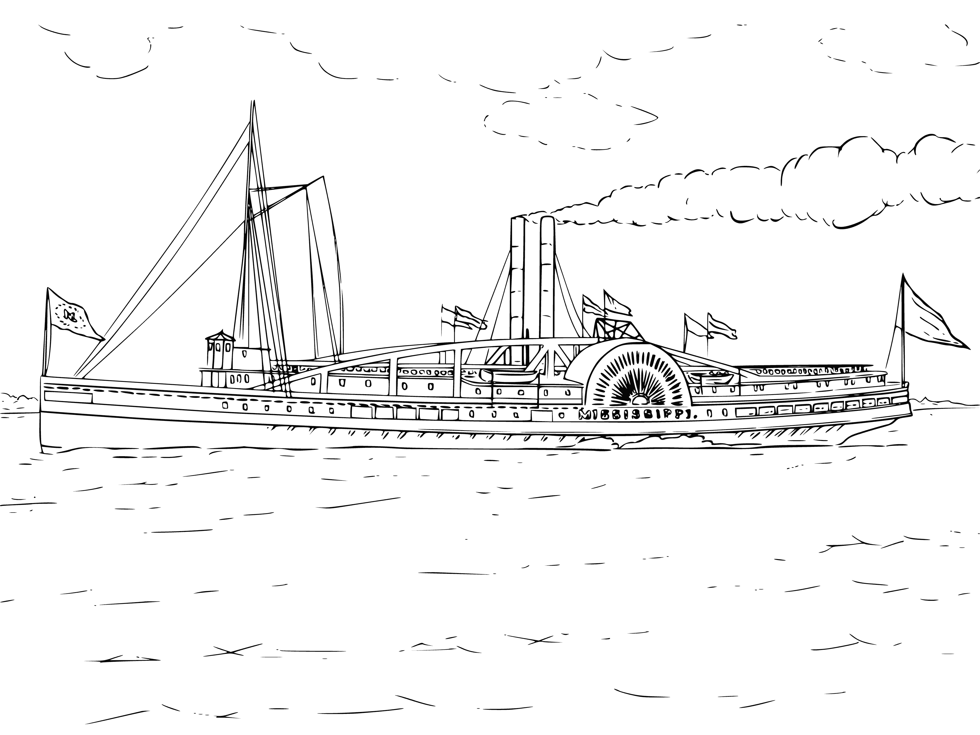 coloring page: Large motor ship has many levels incl. back deck filled with people + many large sails powering it on the water.