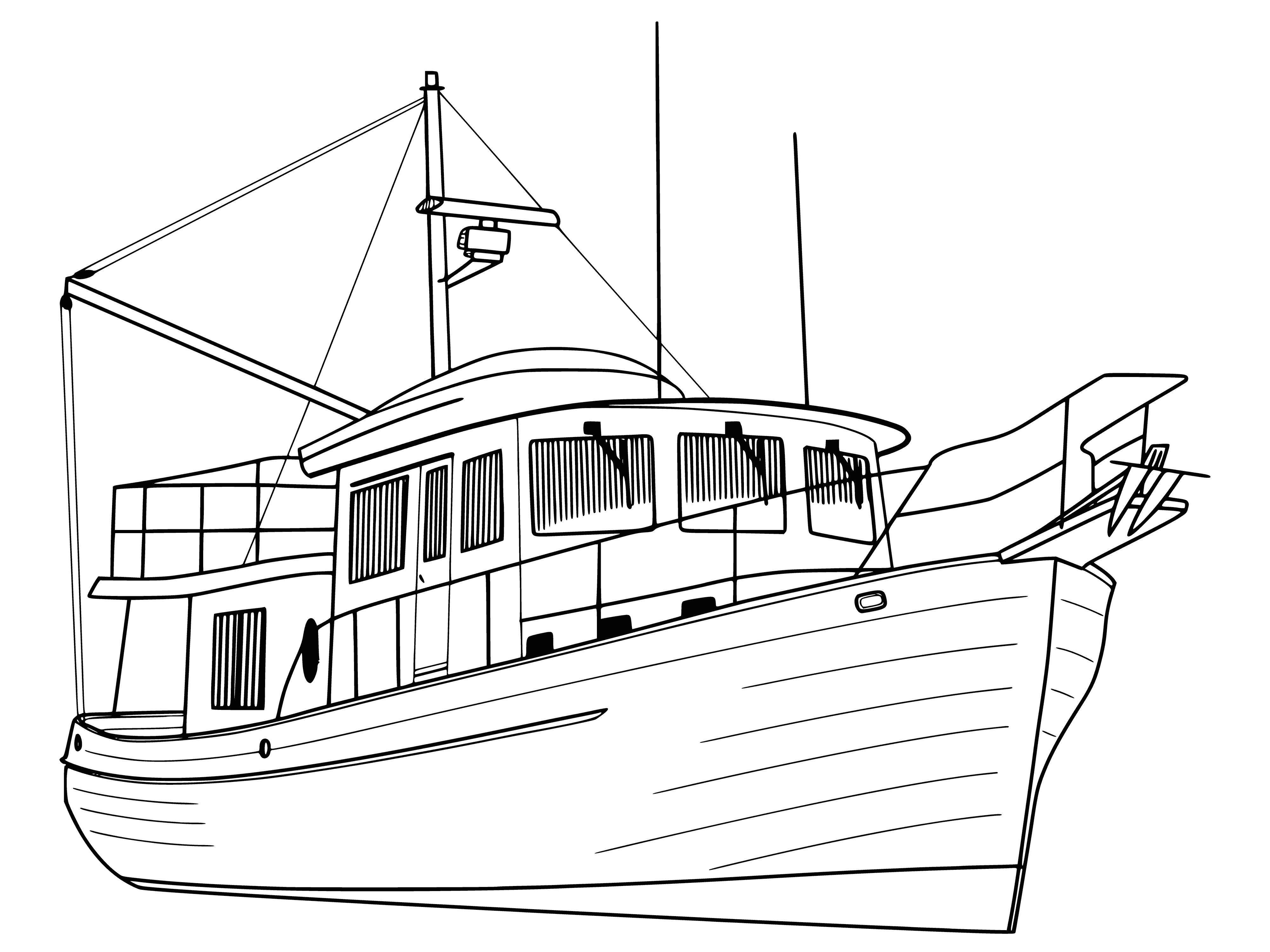 coloring page: Fishing boat designed to drag large net for catching fish; usually have large open deck area for net & are usually big to carry sizable catch.