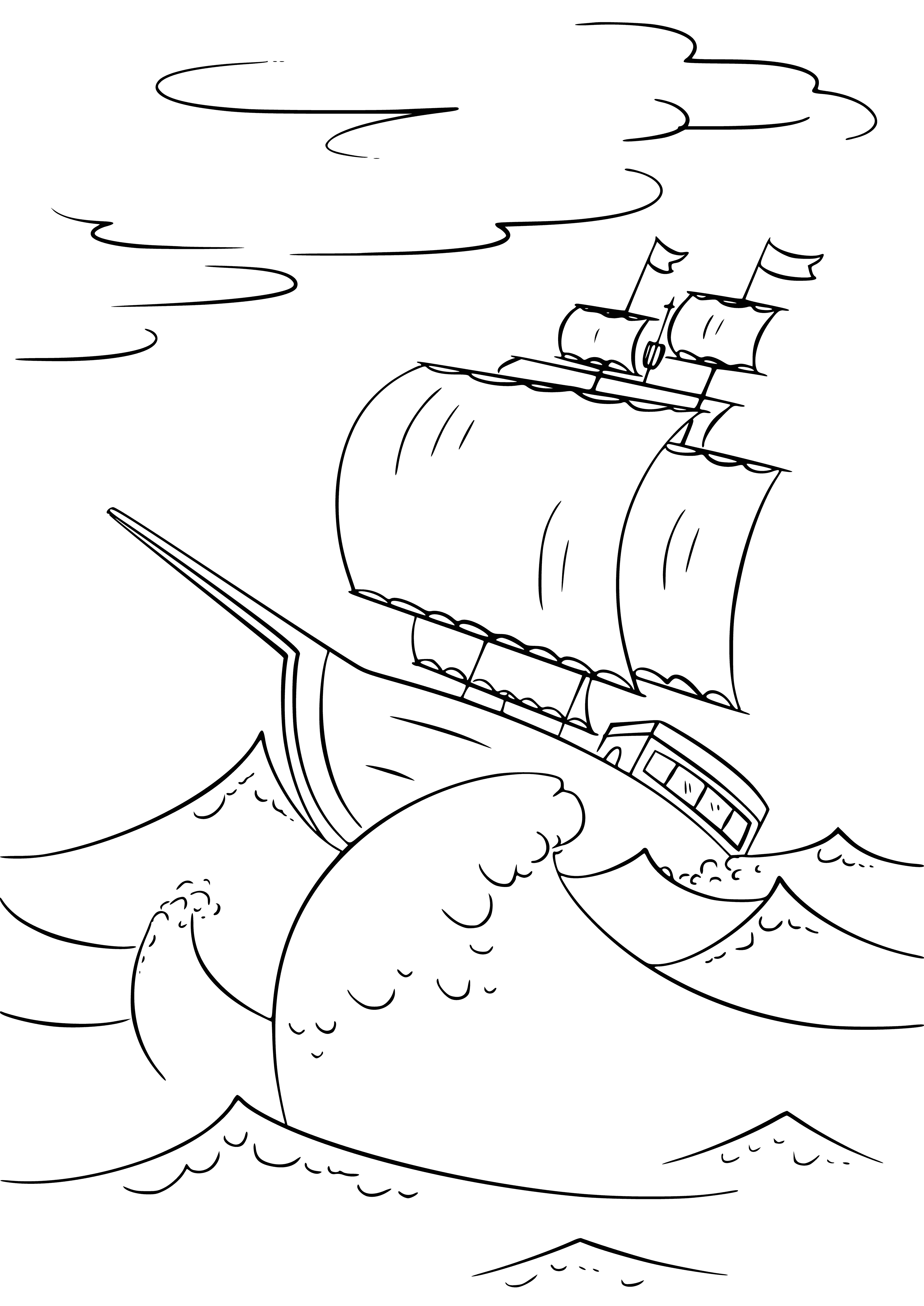 coloring page: Sailboats battened down during storm as waves crash against rocks & wind blowing trees.