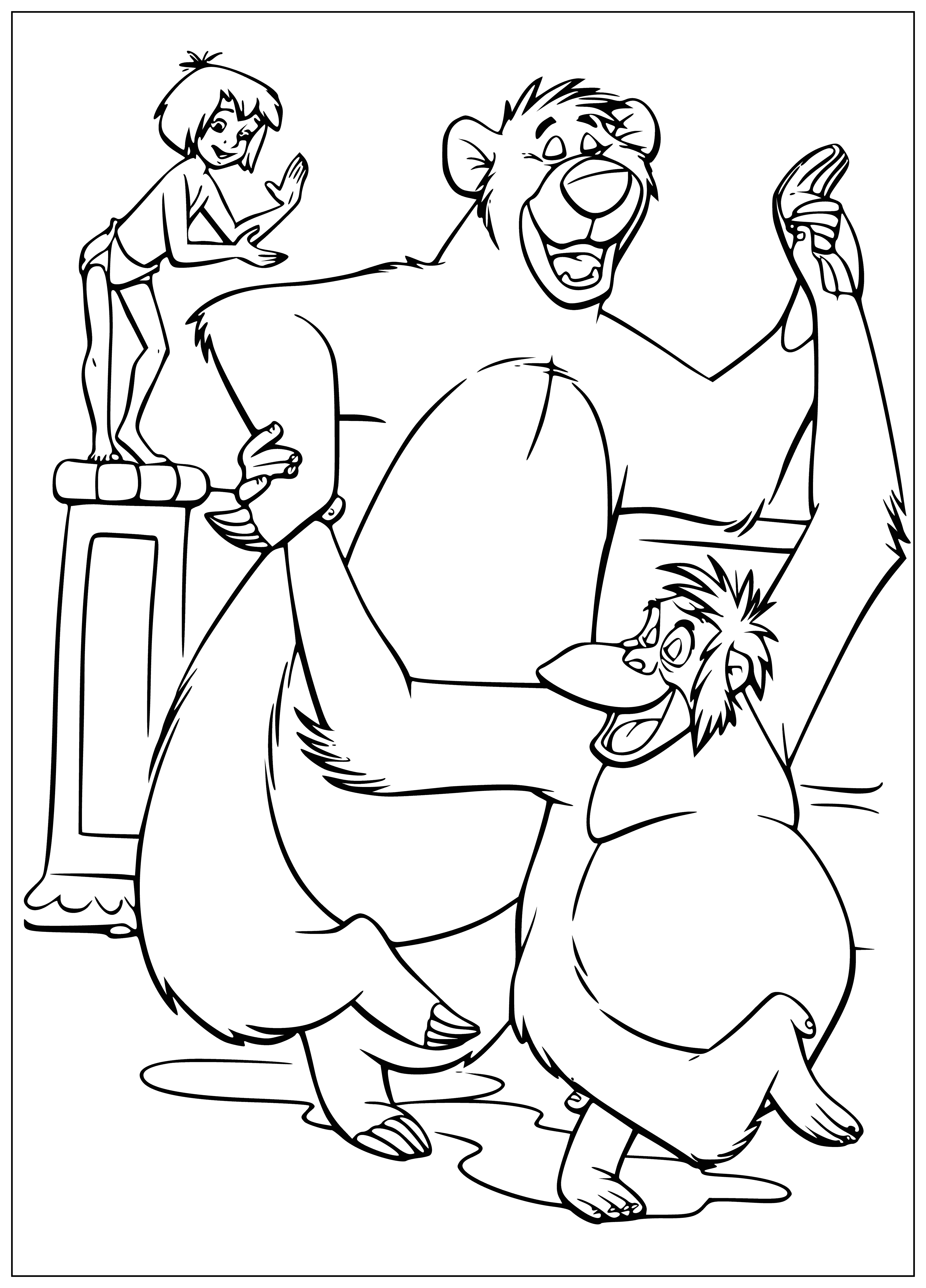 coloring page: Baloo dances in the jungle with arms outstretched, big smile on his face - joyous and delighted!