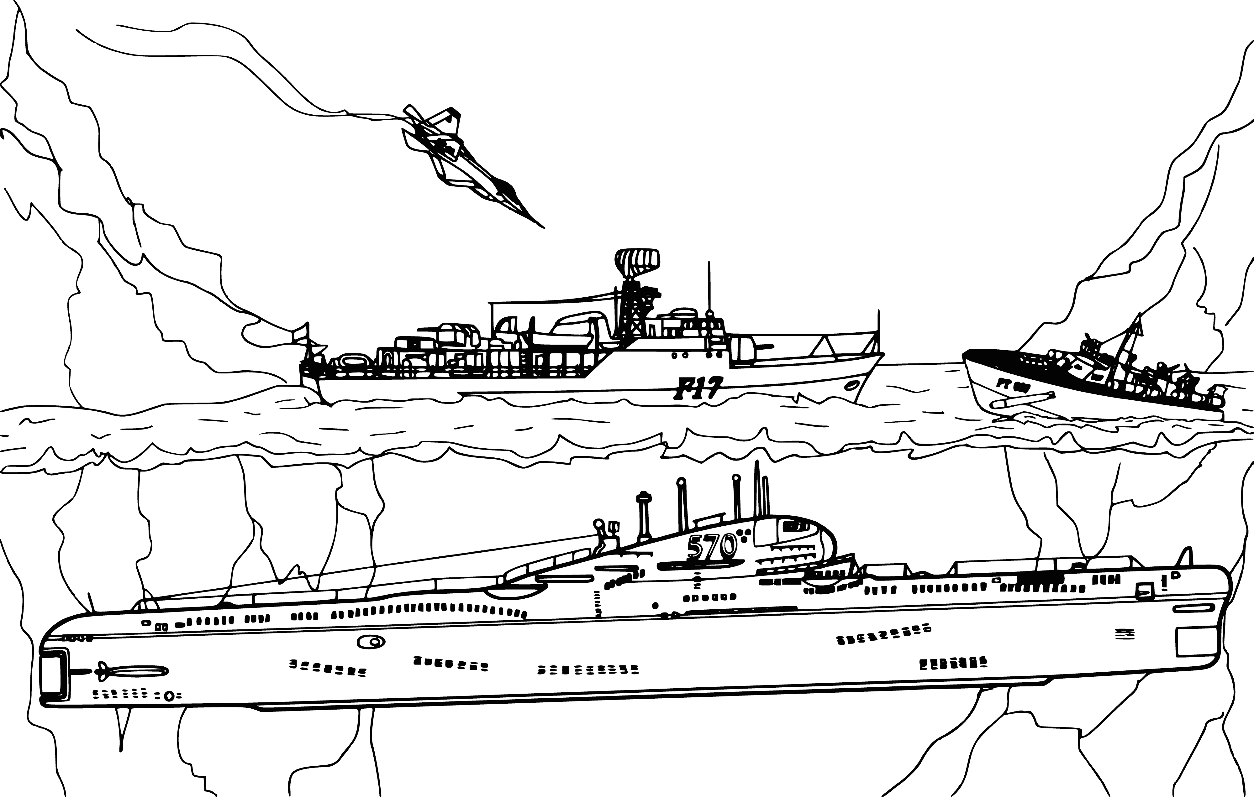 coloring page: Submarine missile carrier shown with missile ready to fire, surrounded by water.
