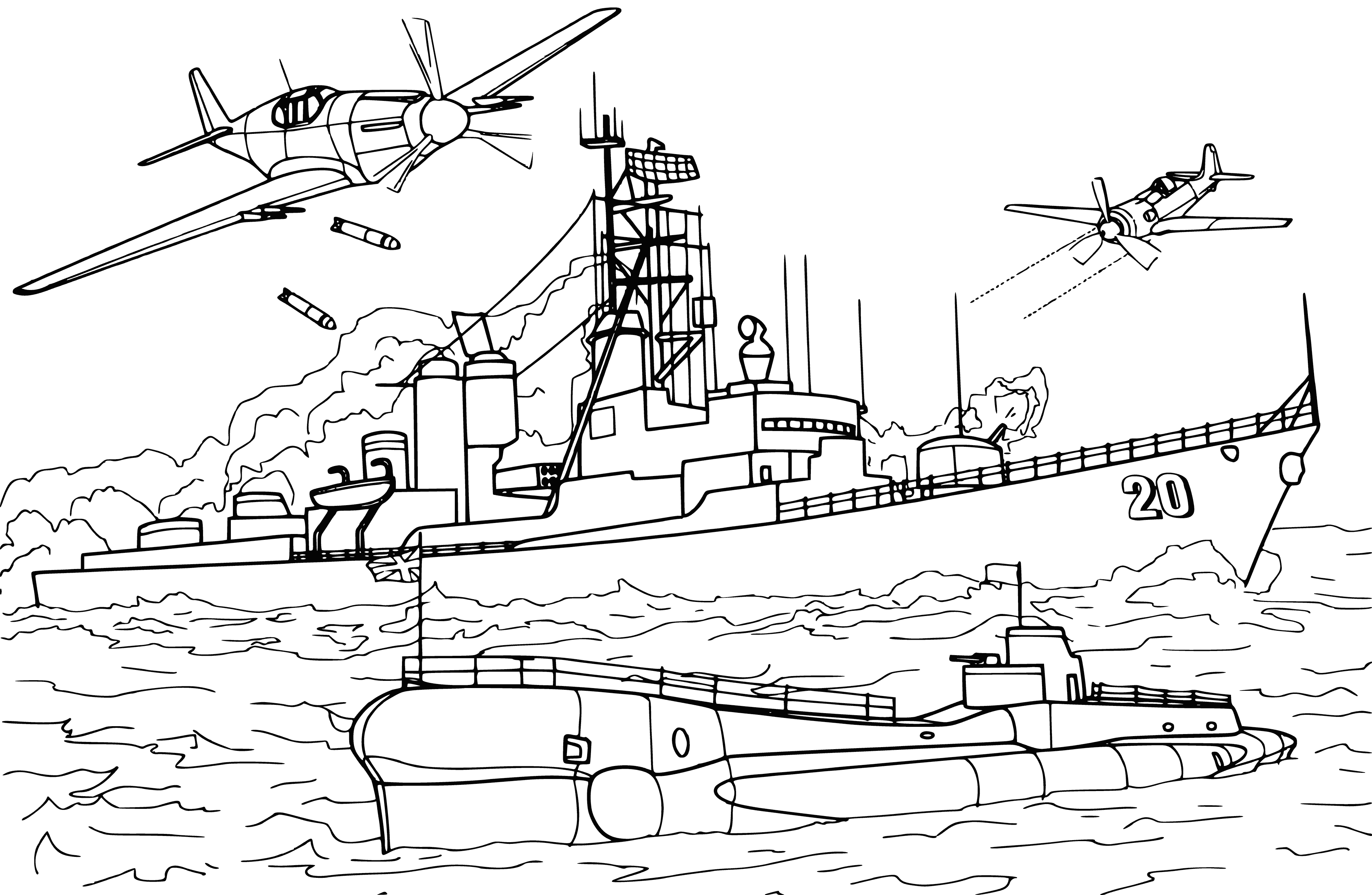coloring page: Coloring page shows a US Navy destroyer sailing on the water with 3 tall smoke stacks, large guns, and several smaller boats.