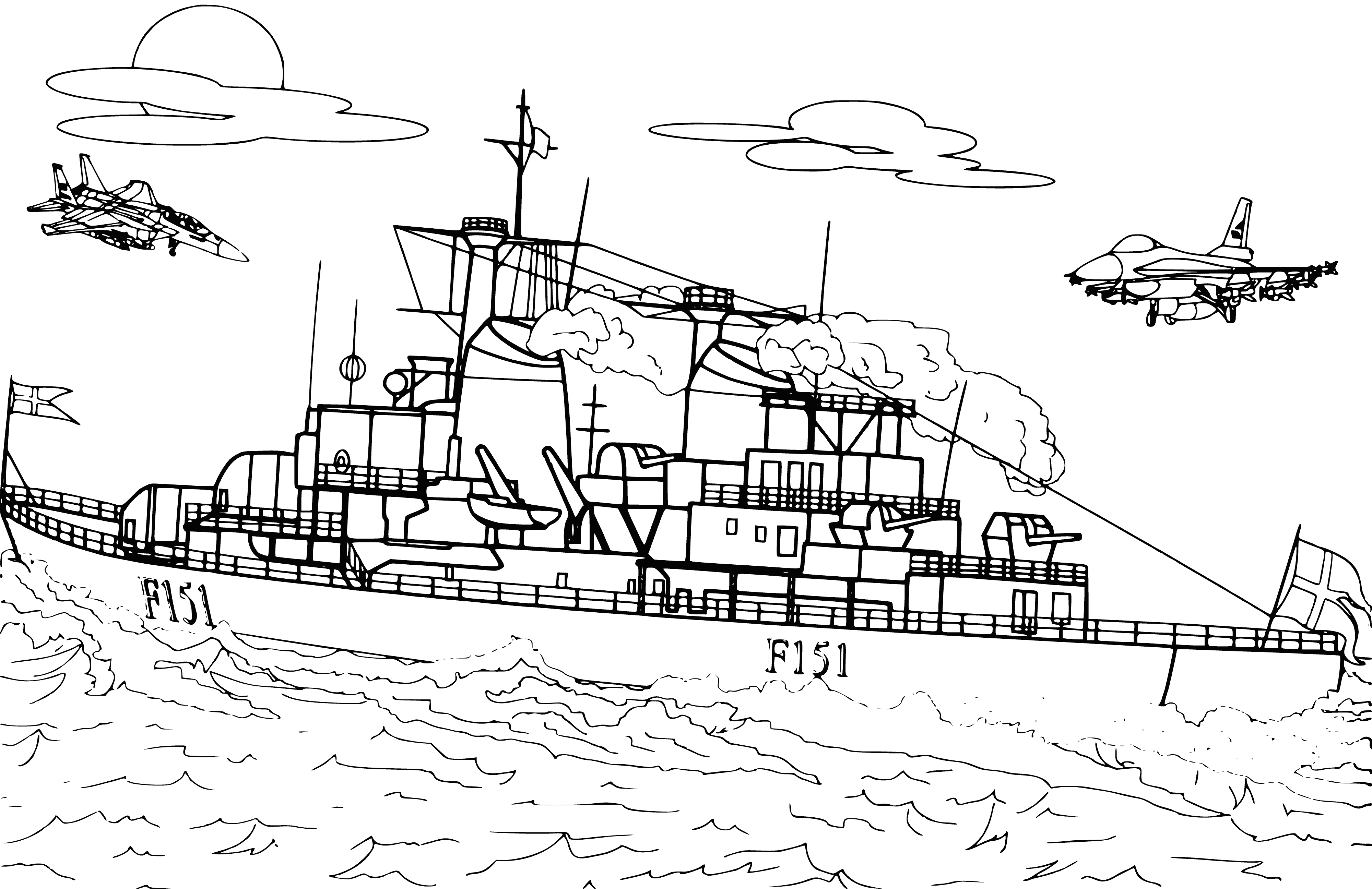 coloring page: A large sailboat docked in a calm harbor; White w/blue trim and people on deck; Other boats in the distance.