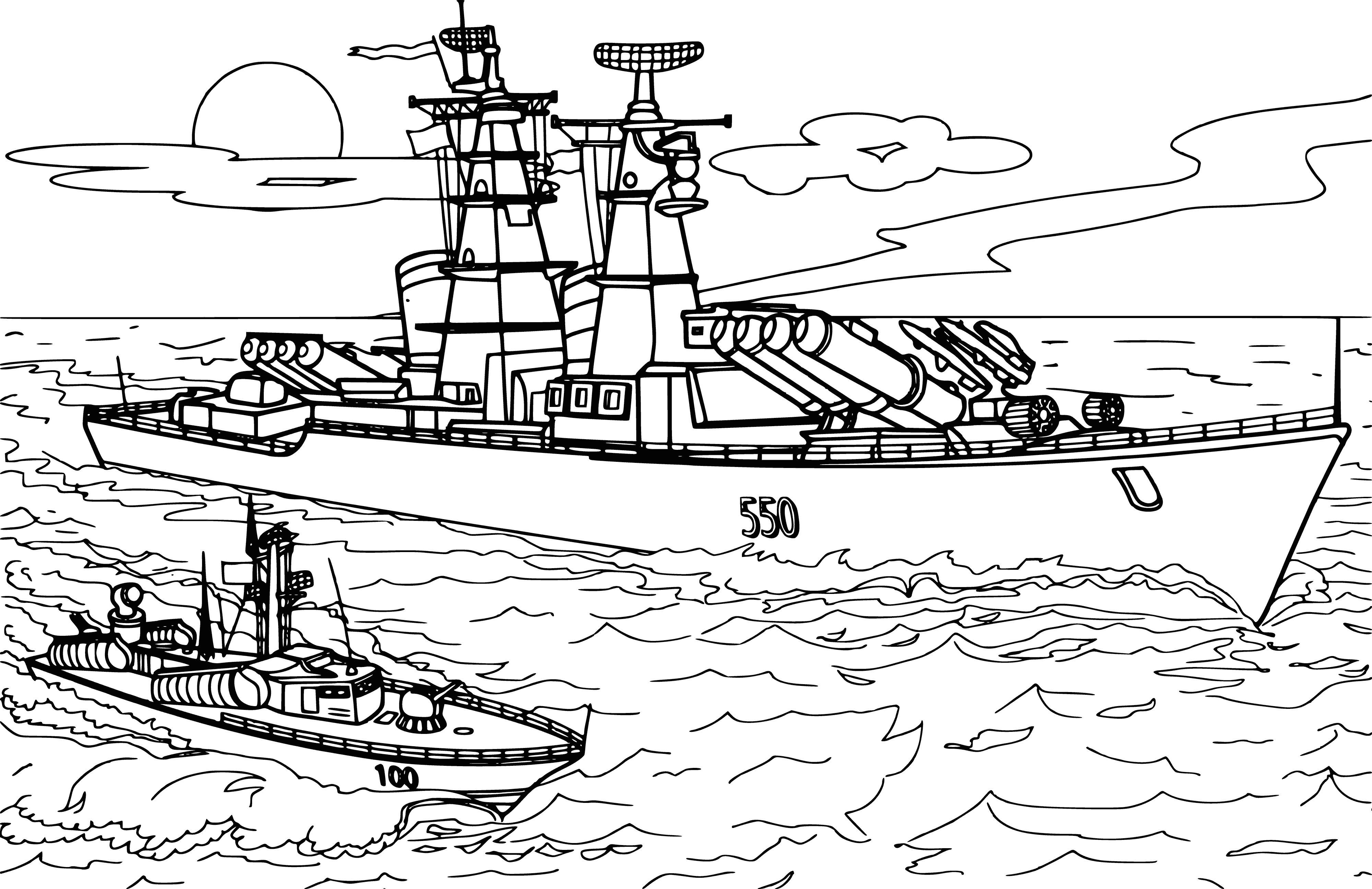 coloring page: Large round engine powers pointy spacecraft off launchpad. Long, thin vessels reach the cockpit & flames propel craft skyward.