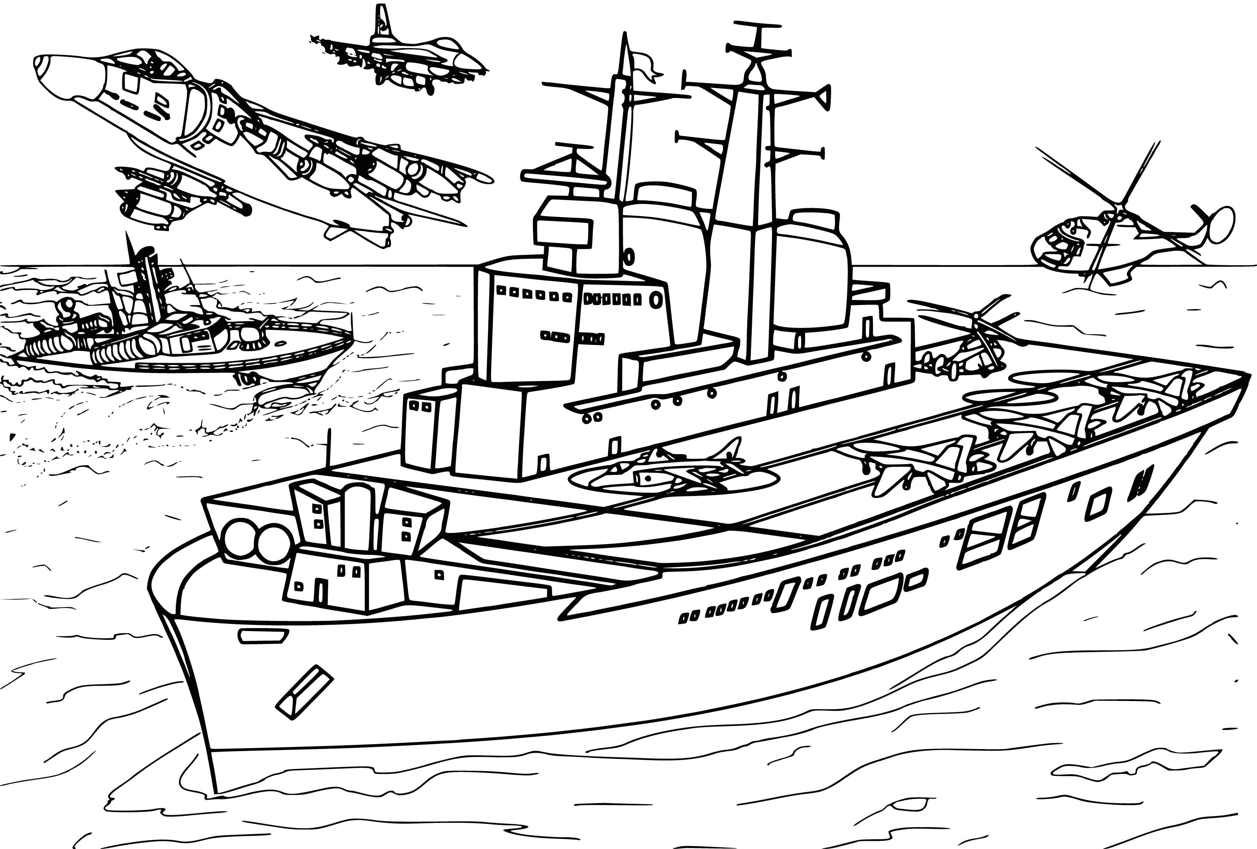 coloring page: Coloring page of British aircraft carrier "Invincible": decks, antennas, communications, large guns. Small boats surround the ship.
