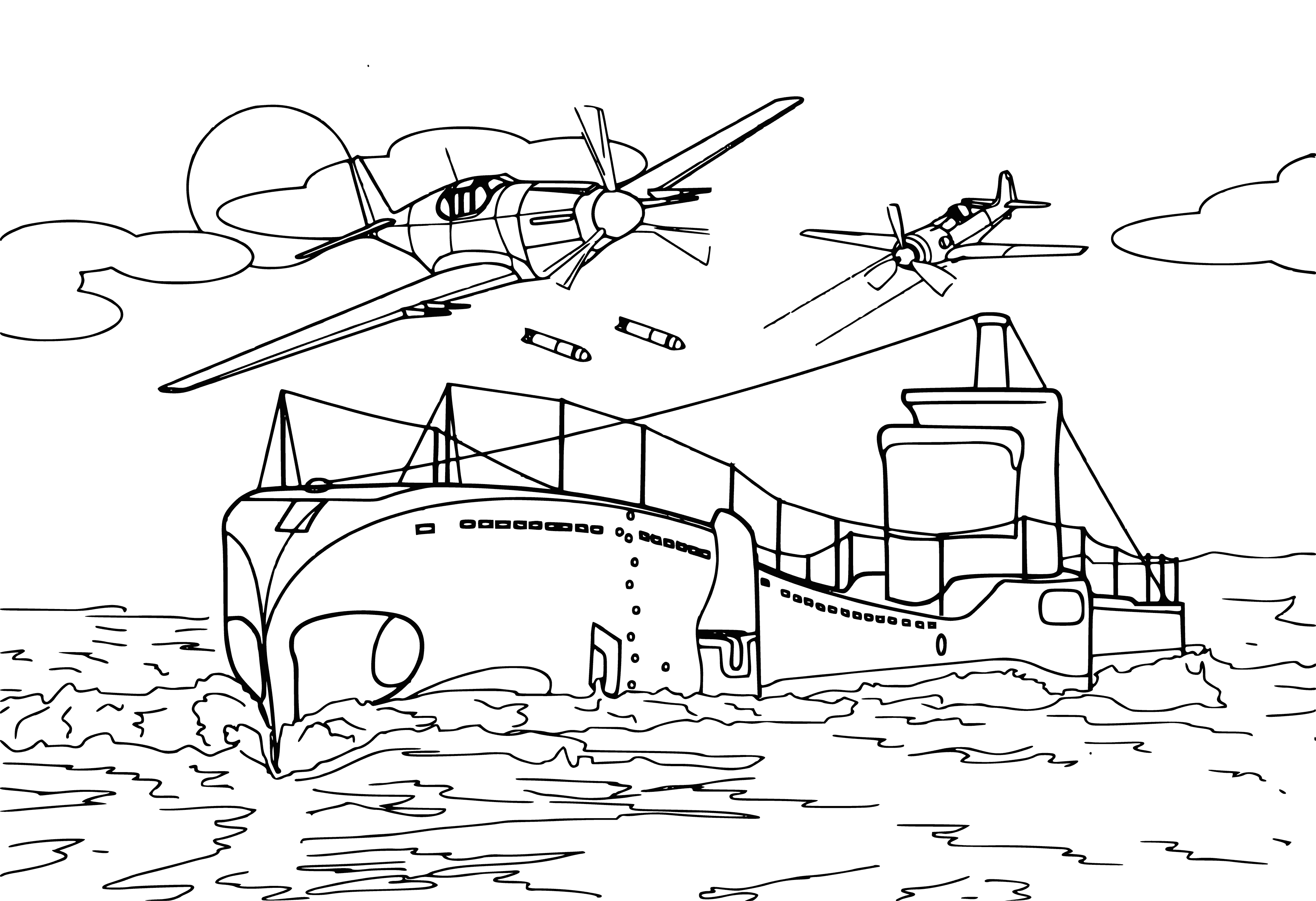 coloring page: Underwater sub sails long & thin. 8 large fins, rounded nose & small conning tower, plus a propeller at the back. #submarine #sail