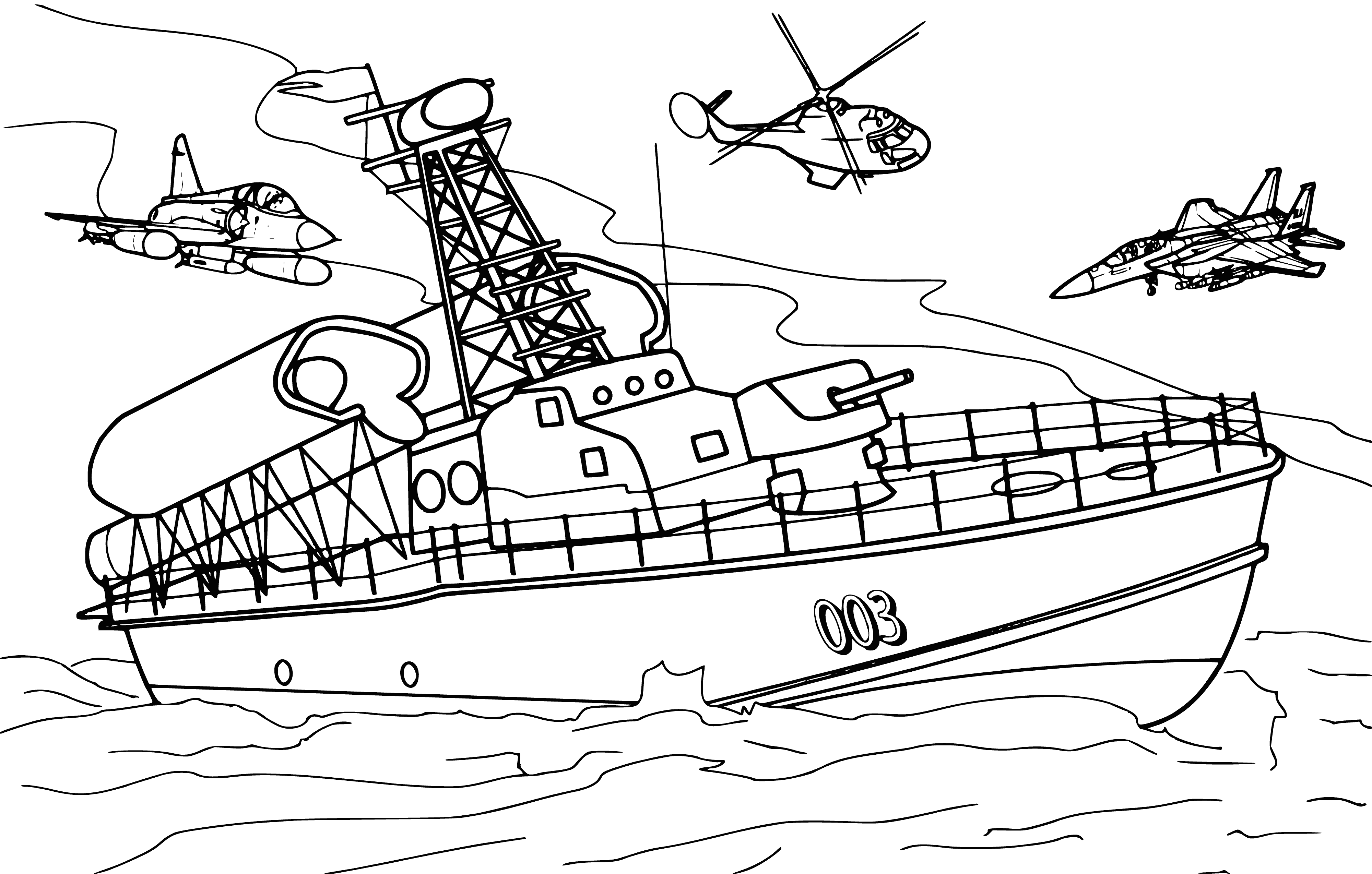 coloring page: 5 boats in water, 1 large w/ 2 sails, 4 small w/ 1 sail each. All have colors to fill in.