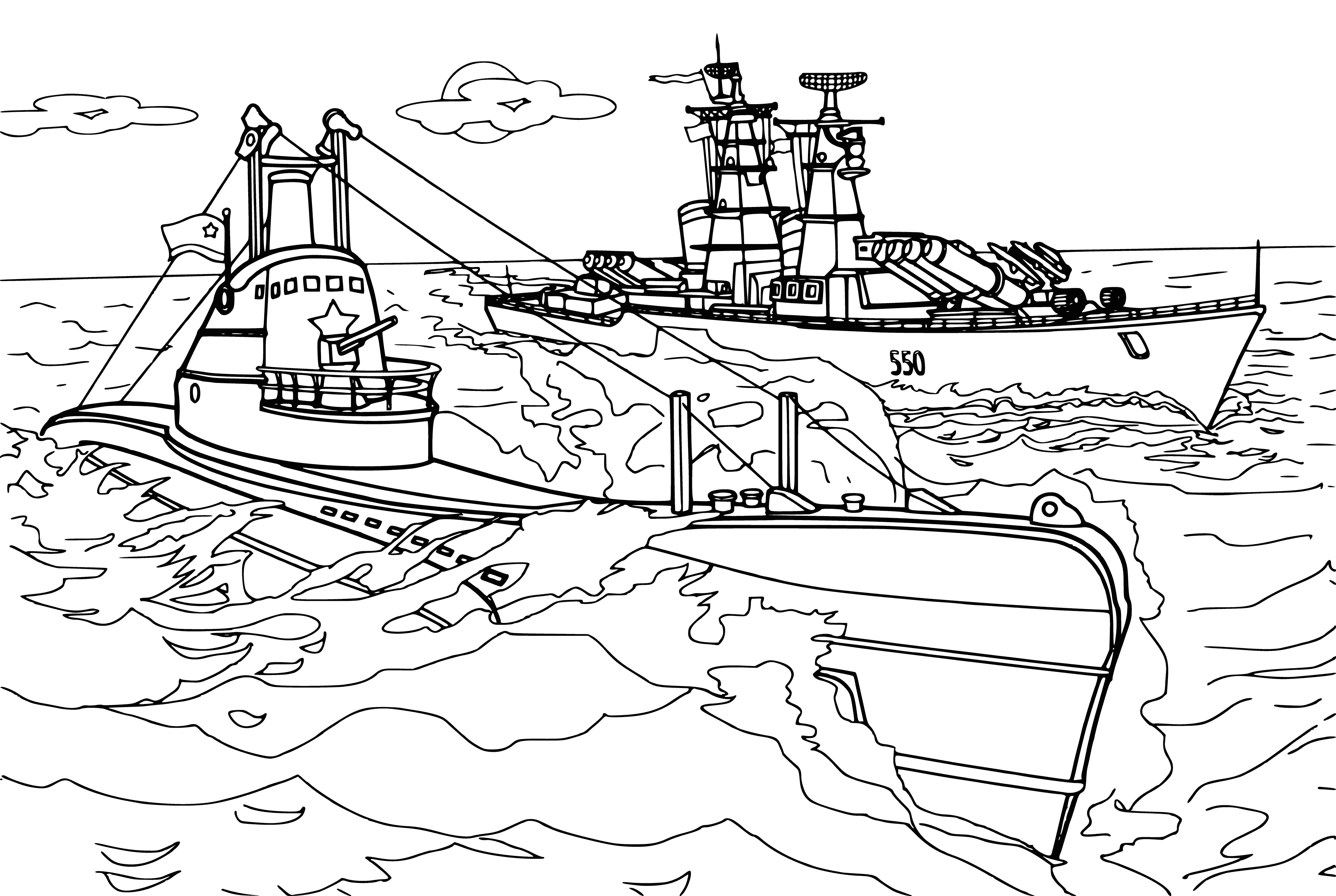 coloring page: Submariner coloring page: a gray sub w/ green & brown camo, a conning tower, & six torpedo tubes on each side. It appears to be surfaced.