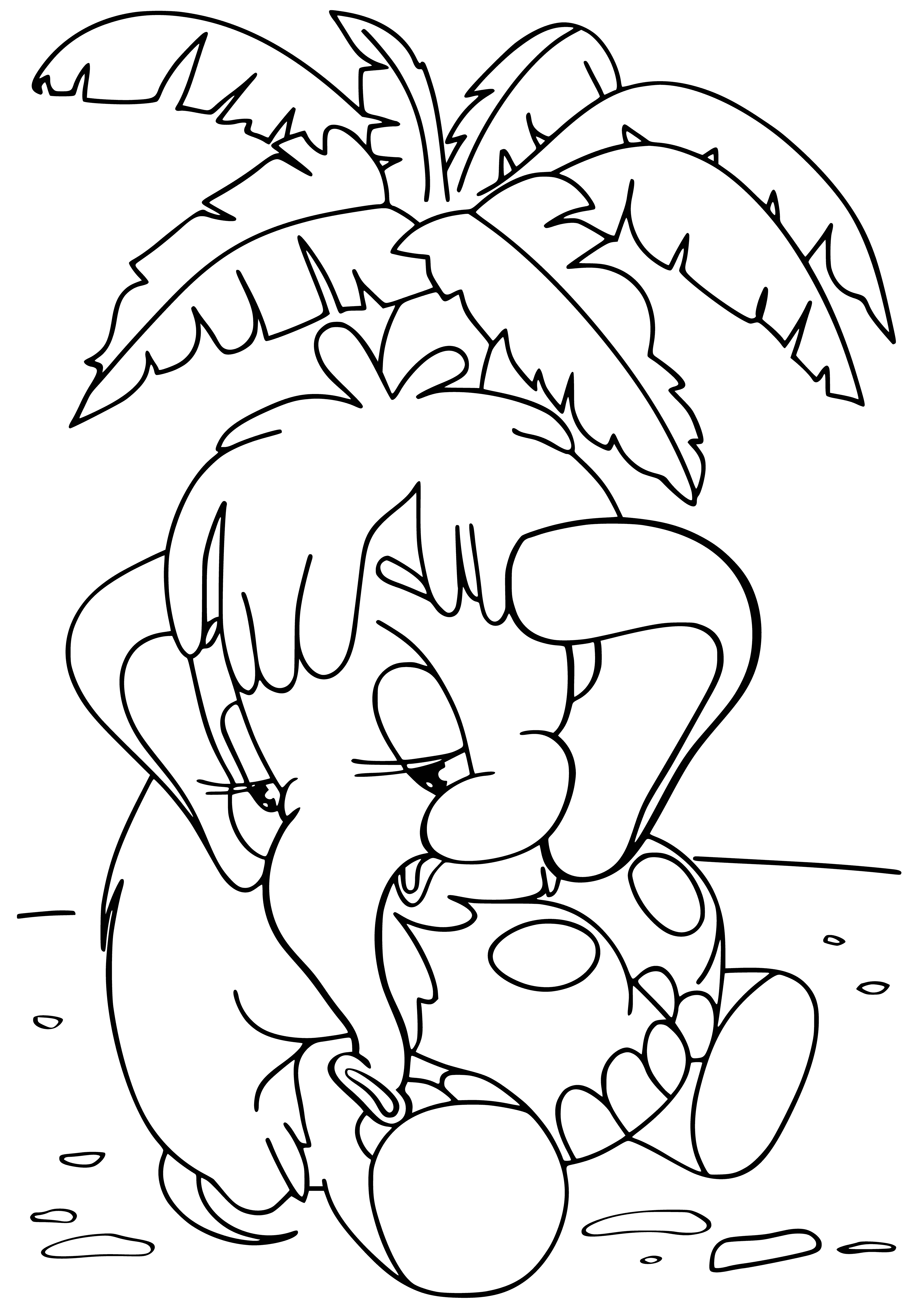 coloring page: A mammoth by a palm tree has trunk, long tail, two tusks, & four legs. She's big!