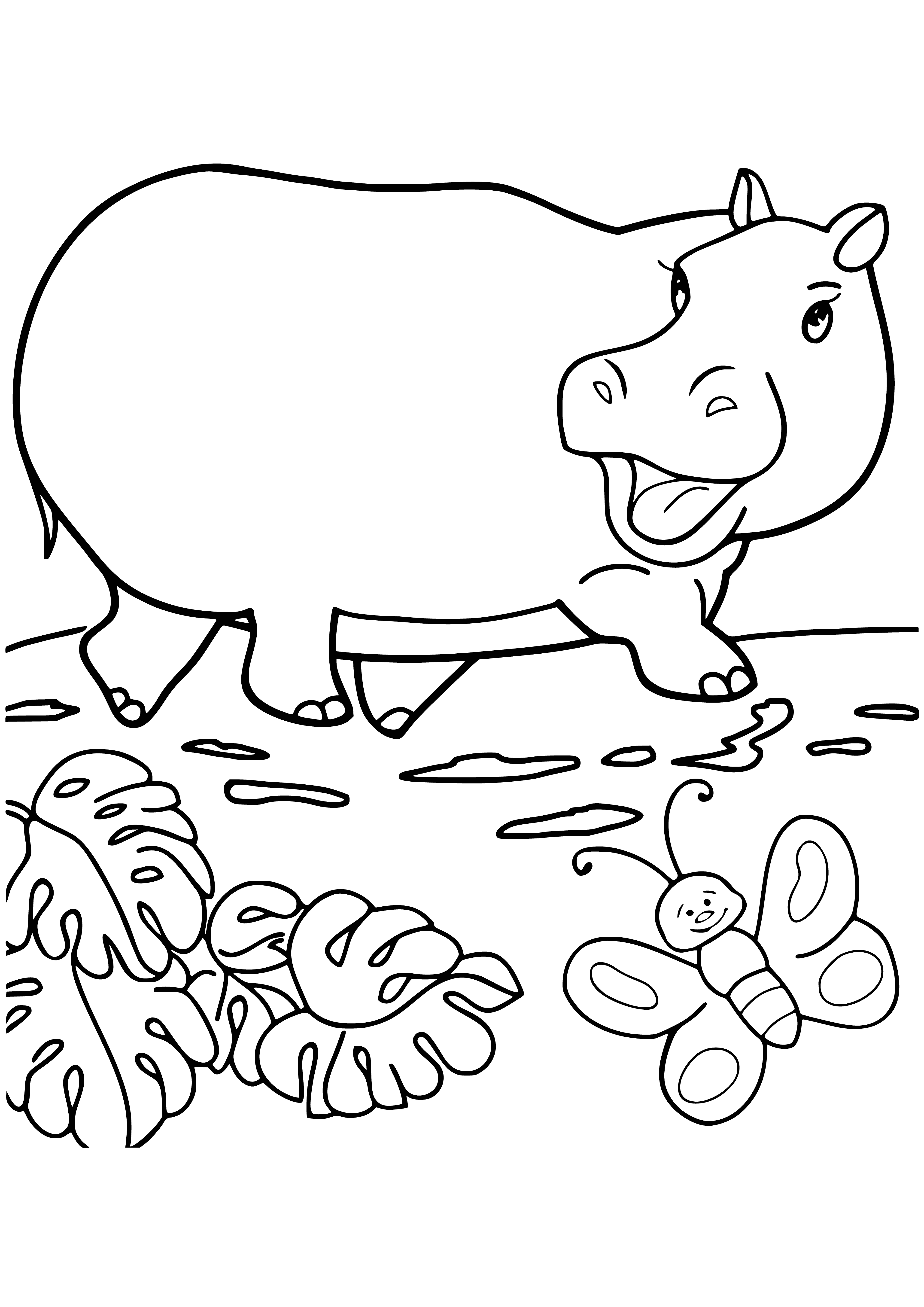 coloring page: Mammoth Hippo and her baby standing in a river, with water up to her belly. Big, grayish-brown body and open mouth showing big teeth. Small eyes and big ears.