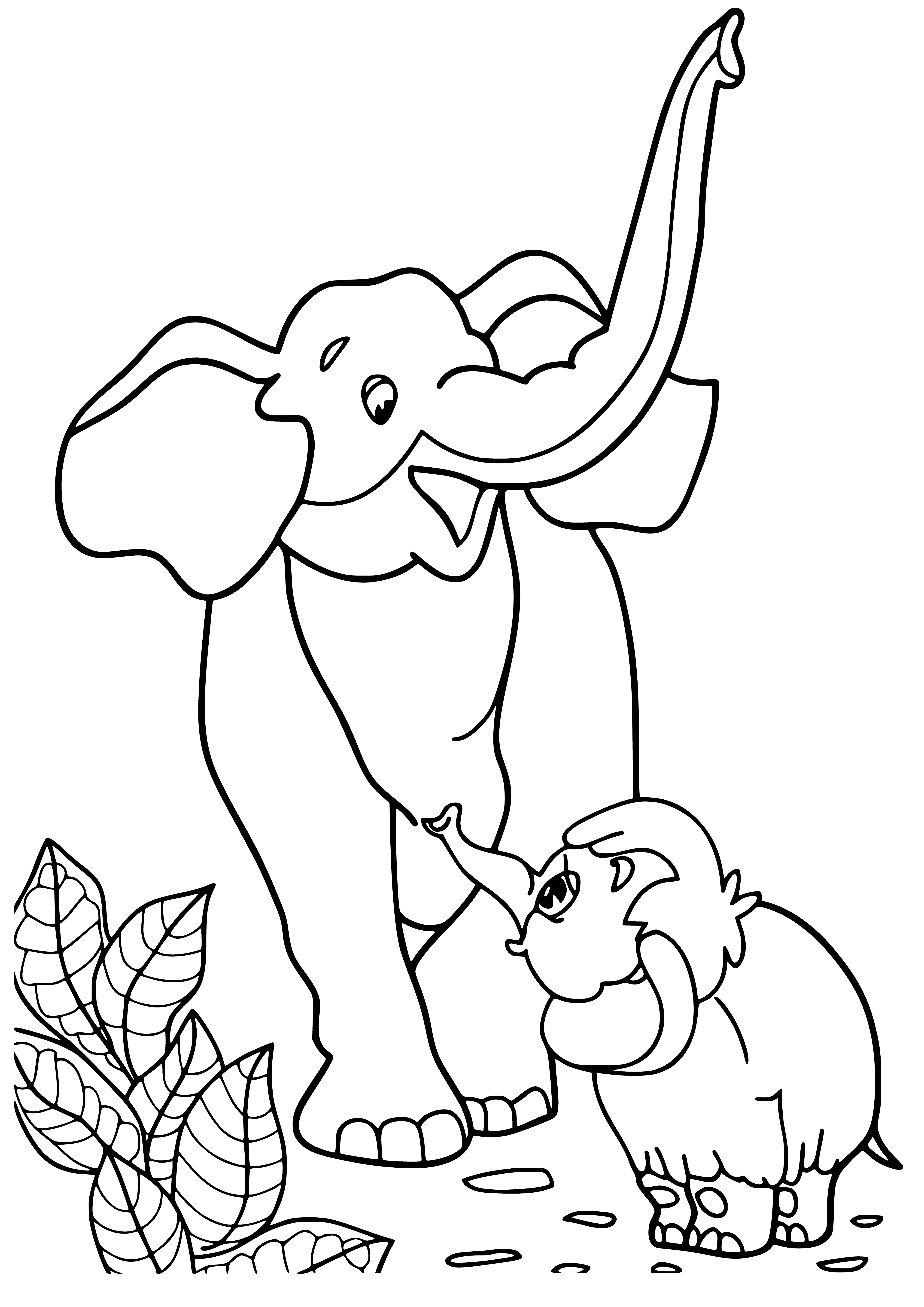coloring page: Mammoth and his mother walk, talking and pointing. She's protective, he's interested. #parenting