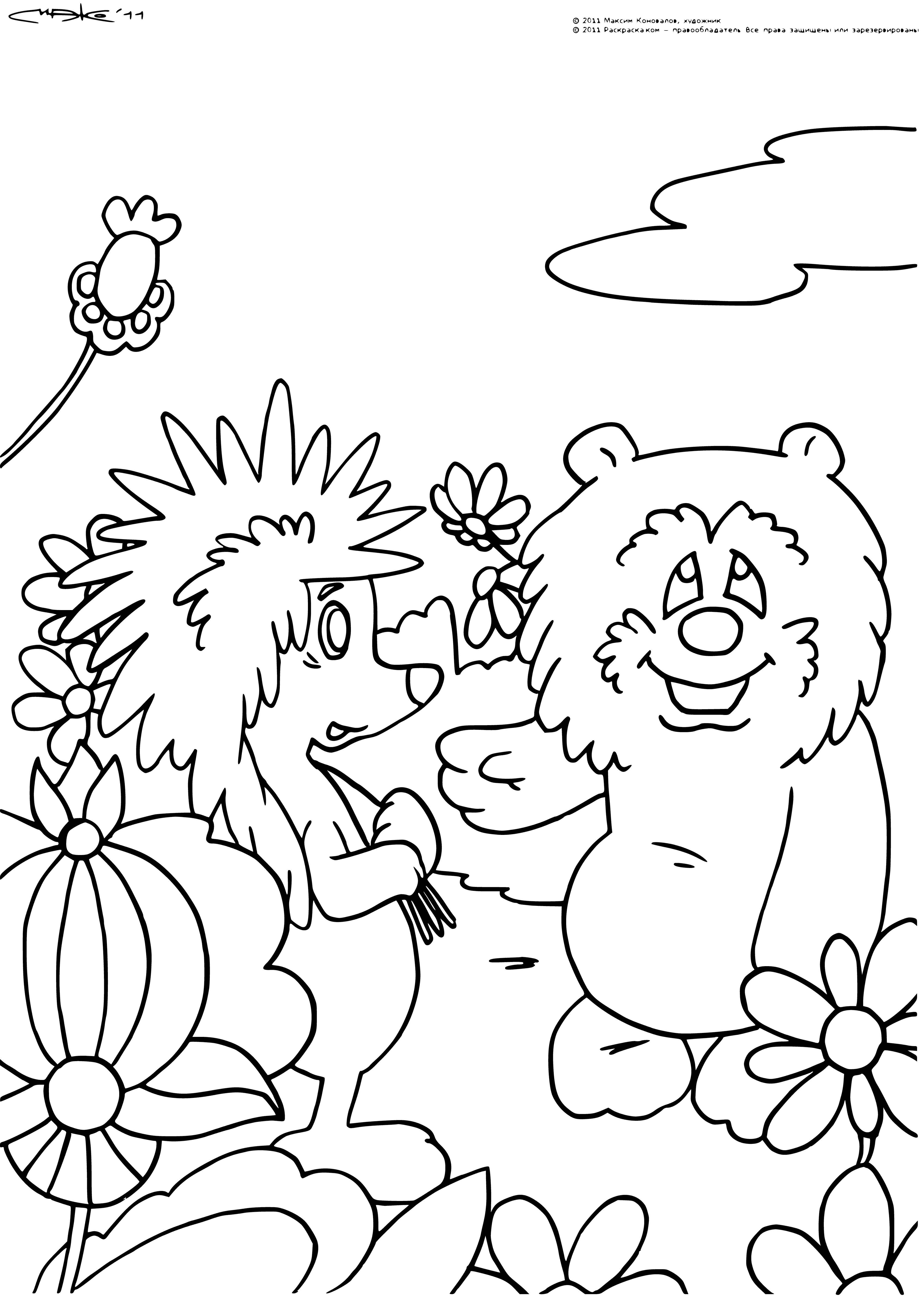 coloring page: Hedgehog stands, teddy bear sits with arms outstretched, leaning in for a hug! #hedgehug