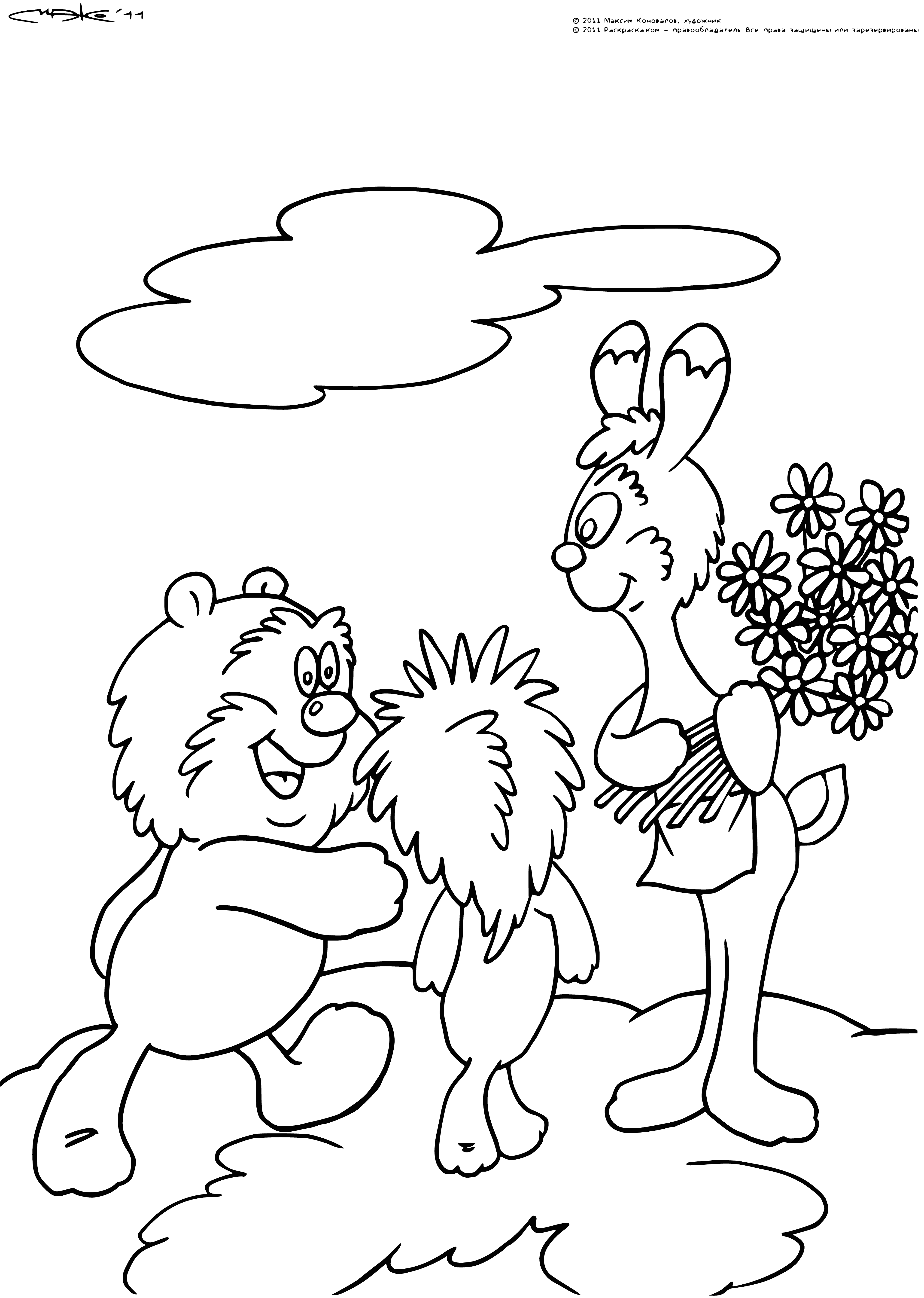 coloring page: 3 friends—beaming hedgehog w/ flower, carrot-holding rabbit, hug-happy bear—are all smiles in the coloring pic.