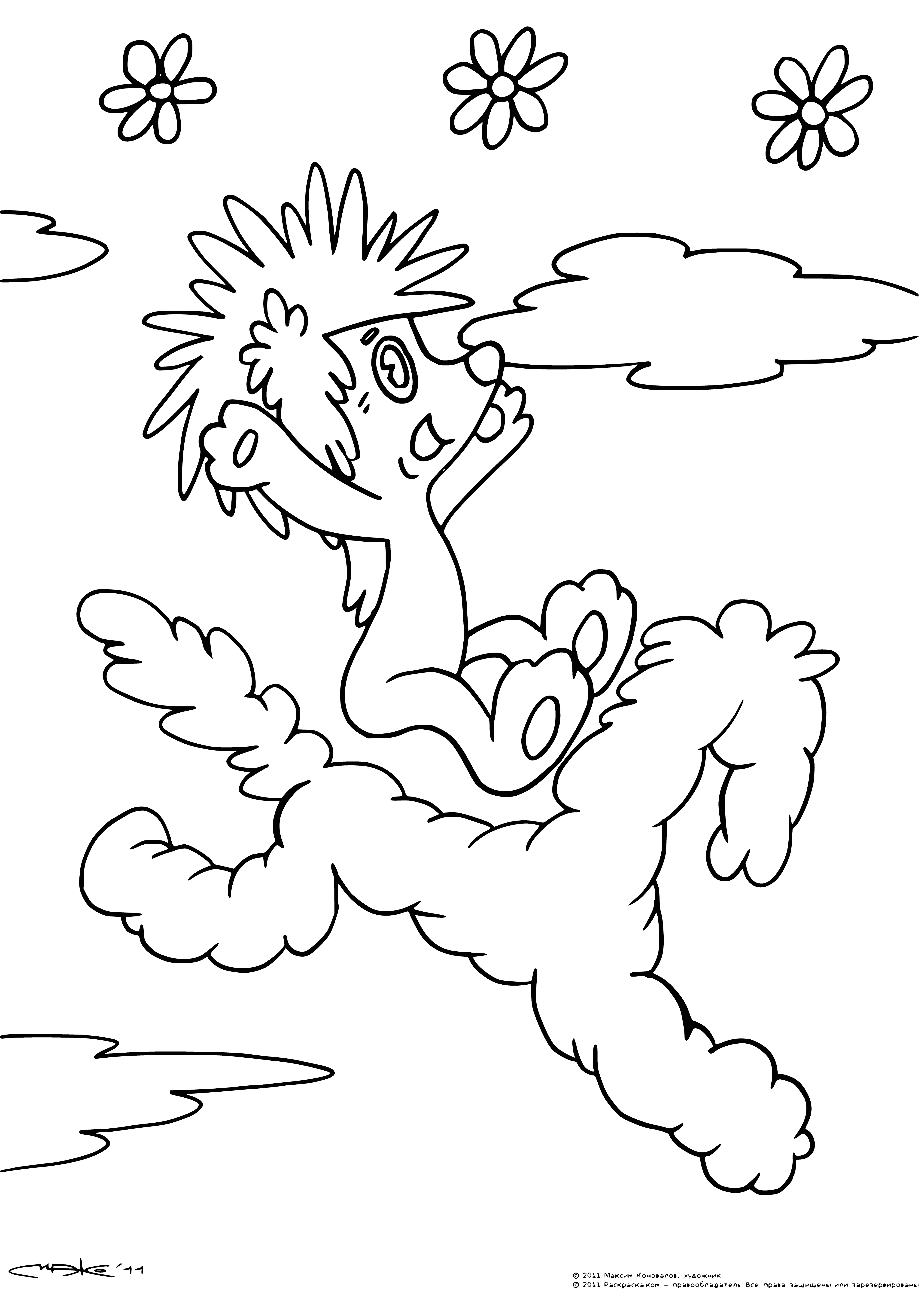 coloring page: The hedgehog and bear gaze up at white-maned horses in the sky under a cloud tree.