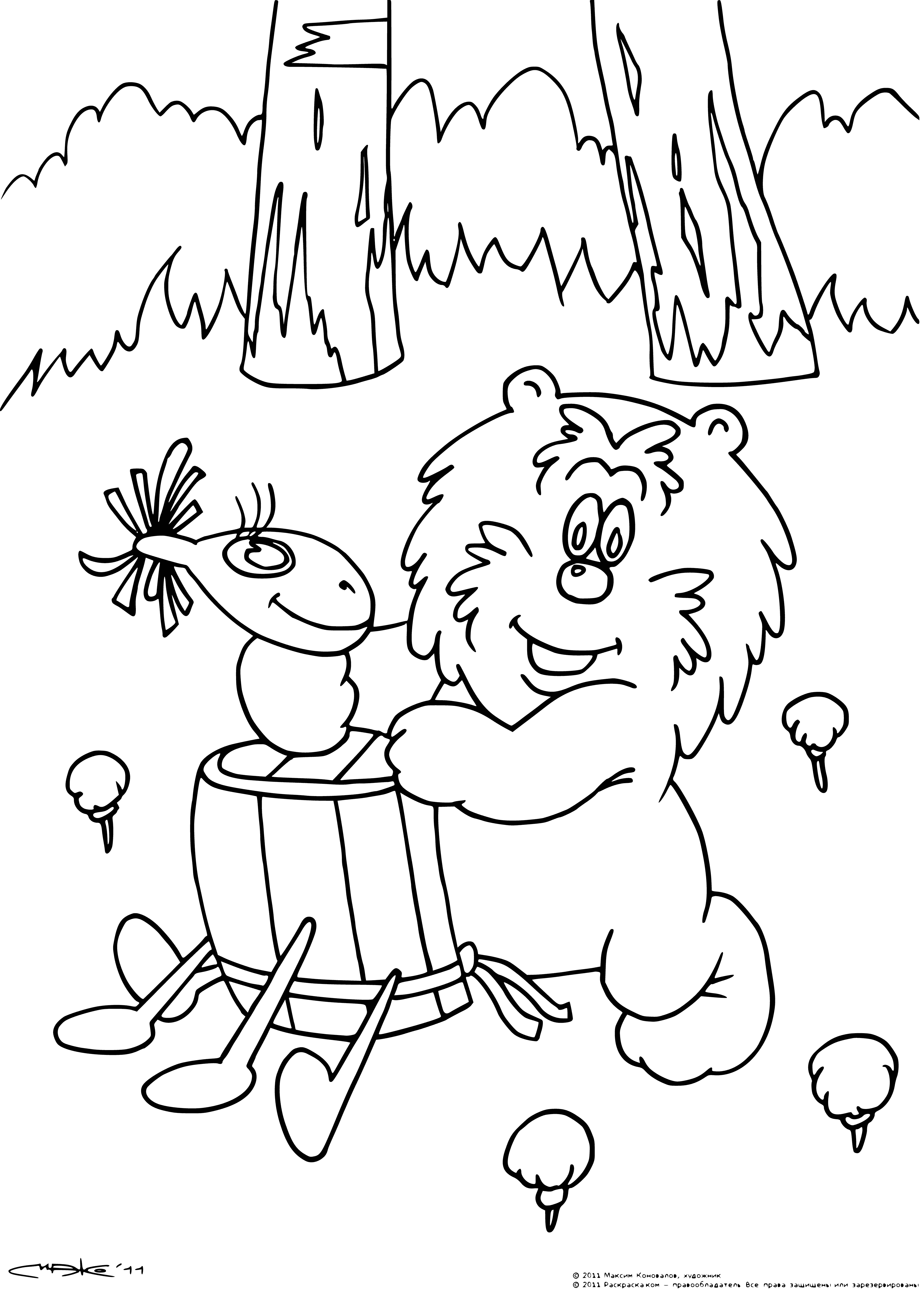 coloring page: The hedgehog & bear are both gazing at the camera from atop a barrel.