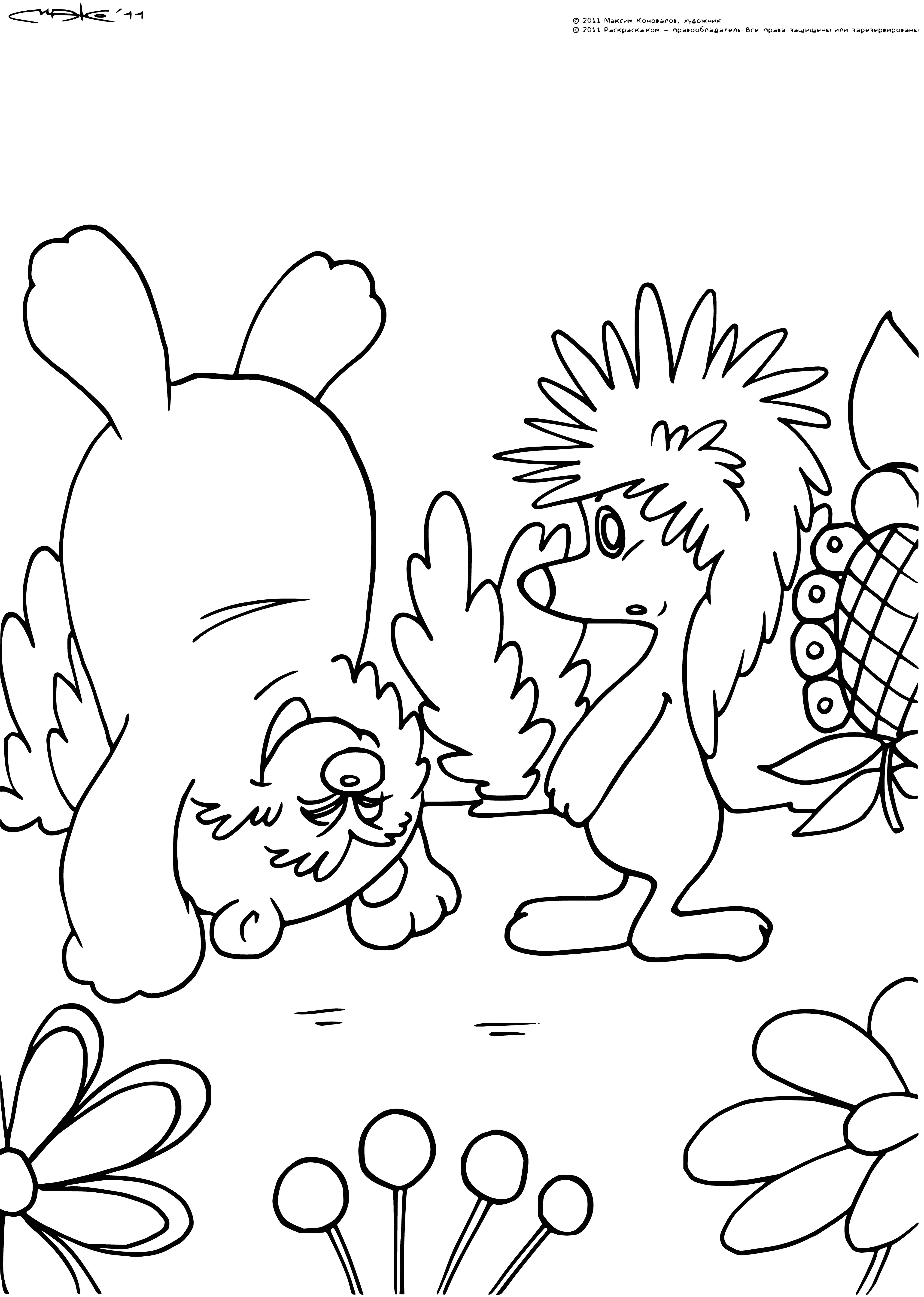 coloring page: Two friends, hedgehog and bear, upside down walking; everyone else in the same page follows!