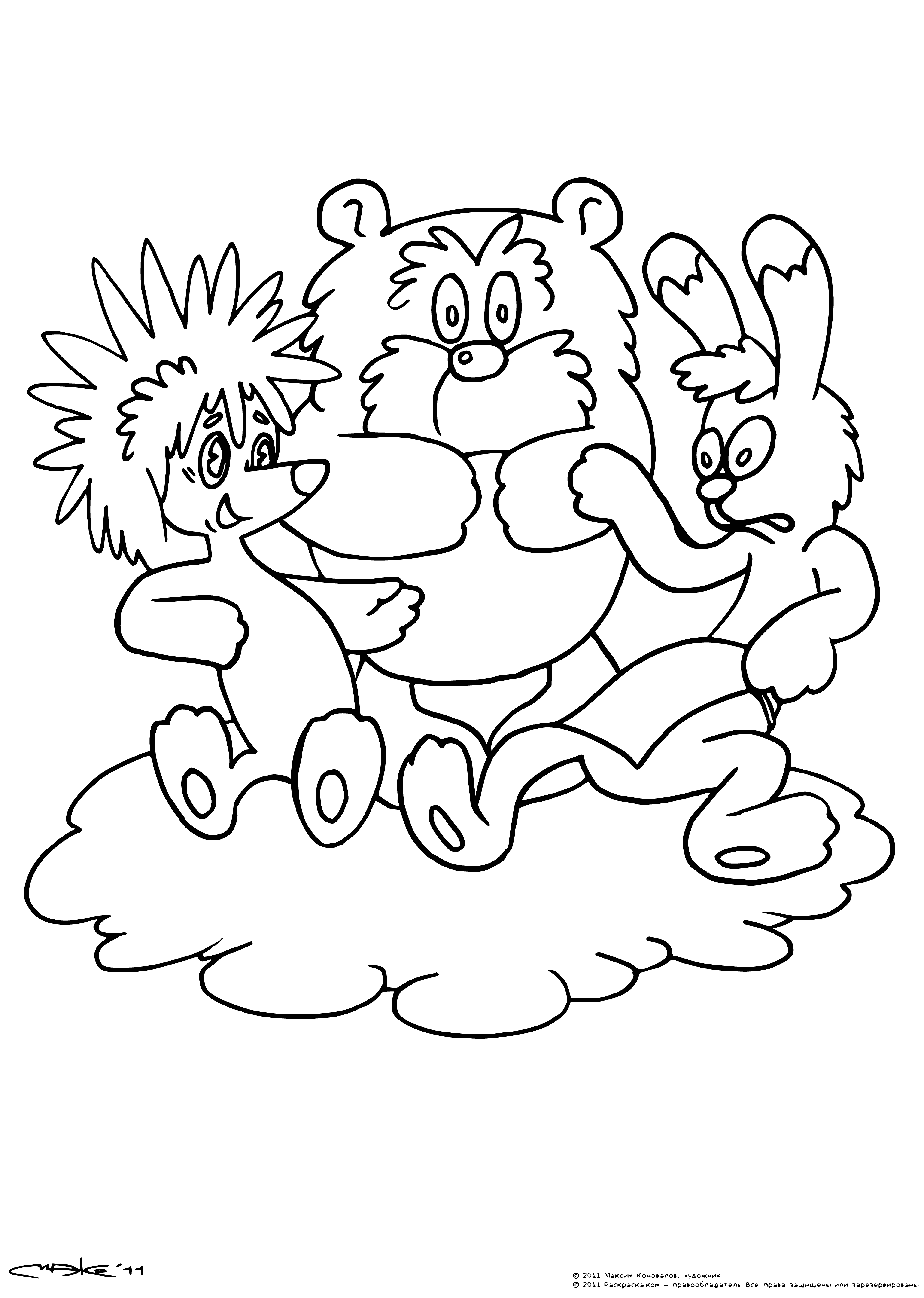 coloring page: Three animals - hedgehog, bear and hare - sit in a field; hedgehog in the middle, bear & hare on sides - bear bigger than hedgehog, hare bigger than bear. #animals