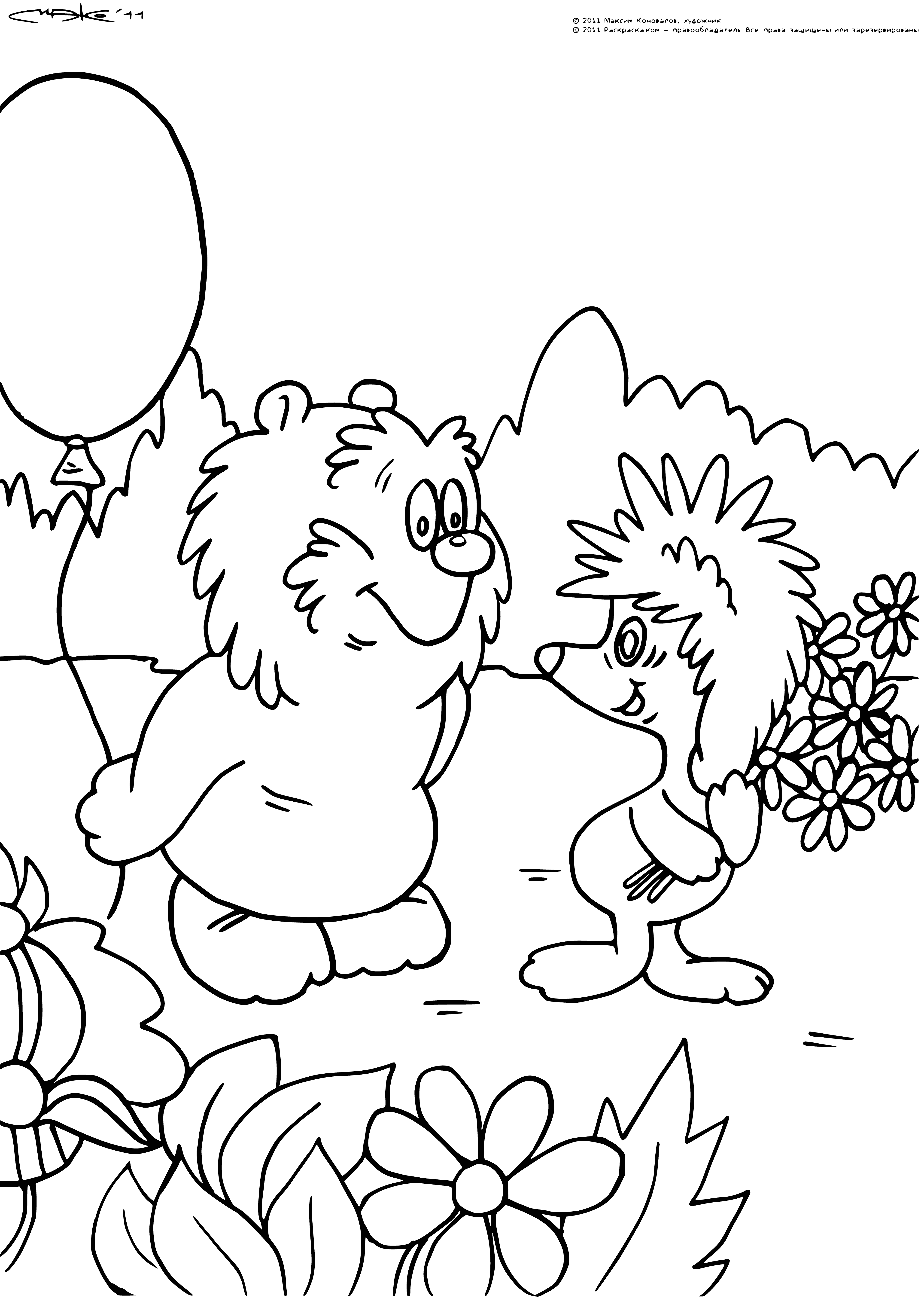 coloring page: 140 Chars: A large brown bear roars while a small brown hedgehog looks up at him, not scared, as if ready to speak.