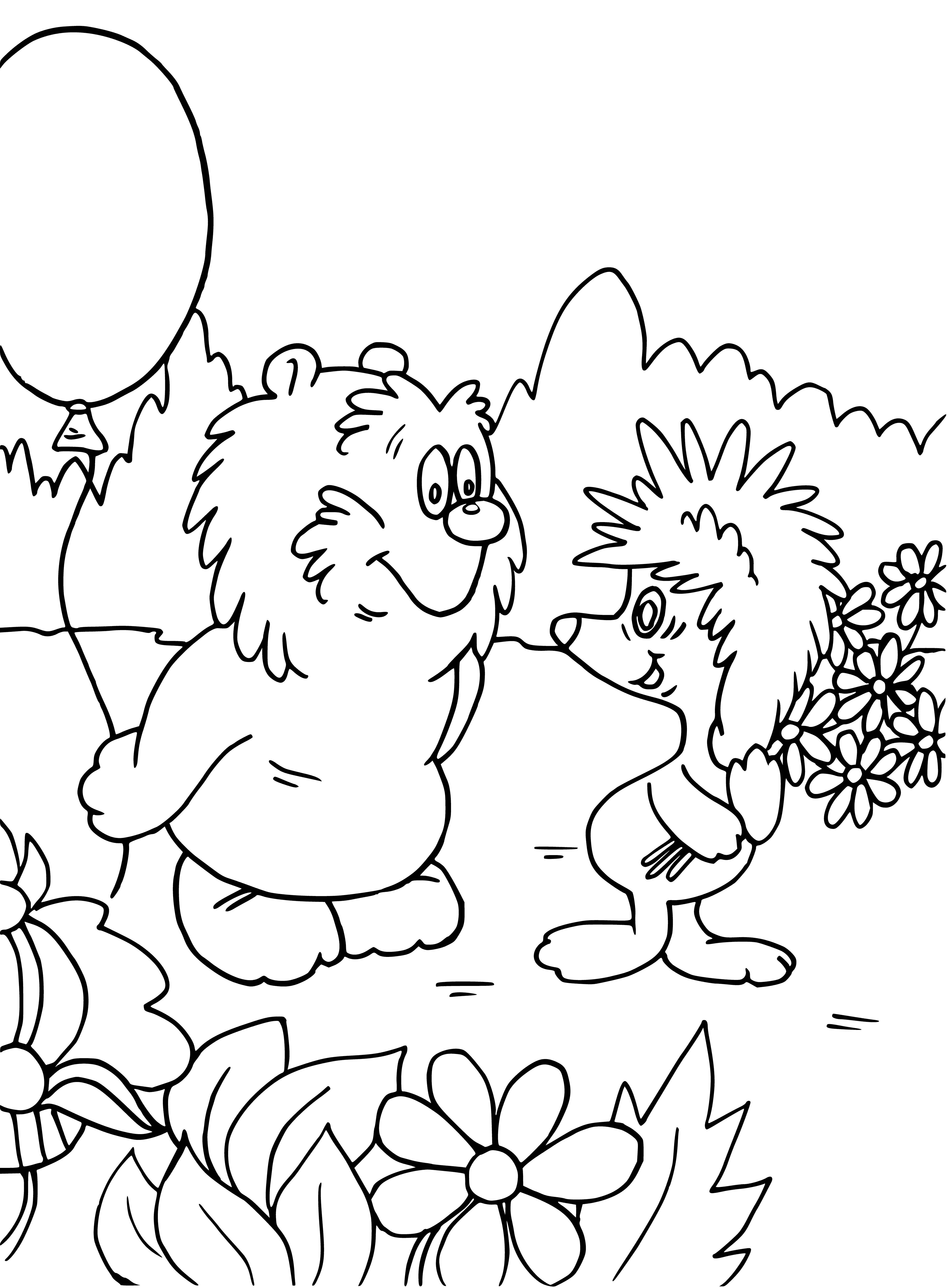 coloring page: 140 Chars: A large brown bear roars while a small brown hedgehog looks up at him, not scared, as if ready to speak.