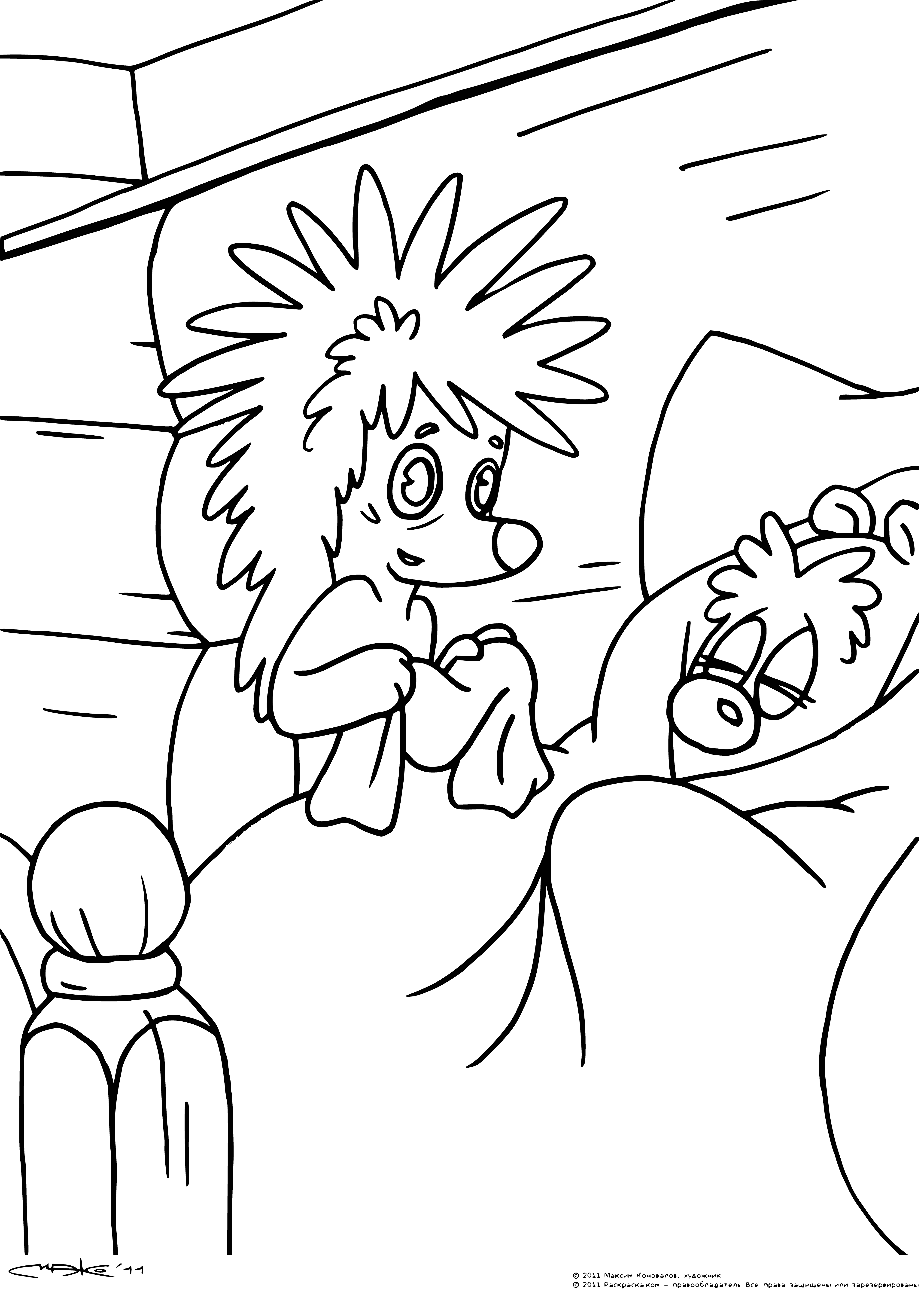 coloring page: A sick teddy bear in bed with thermometer, hedgehog on stool offering water & tissues.