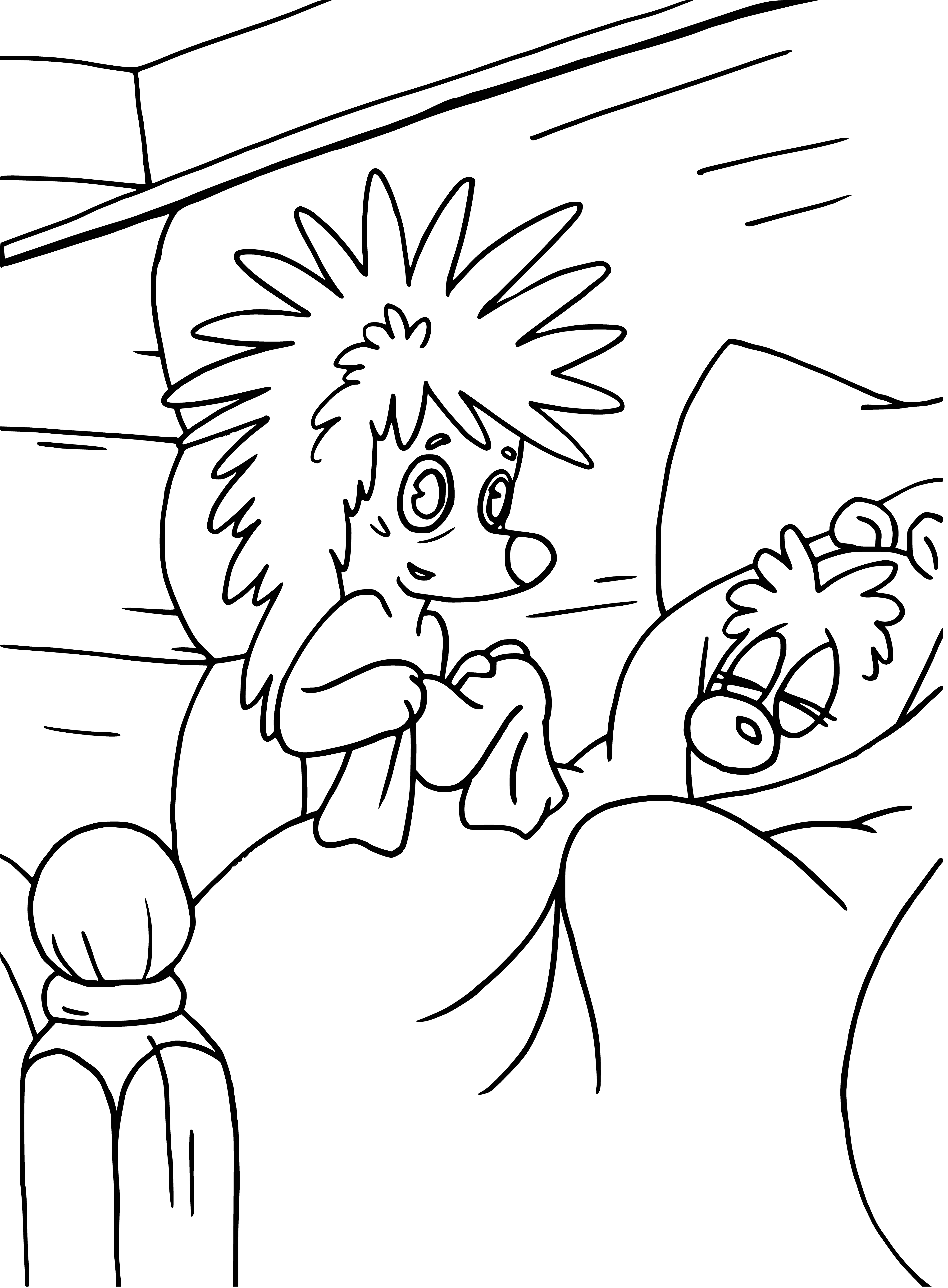 coloring page: A sick teddy bear in bed with thermometer, hedgehog on stool offering water & tissues.