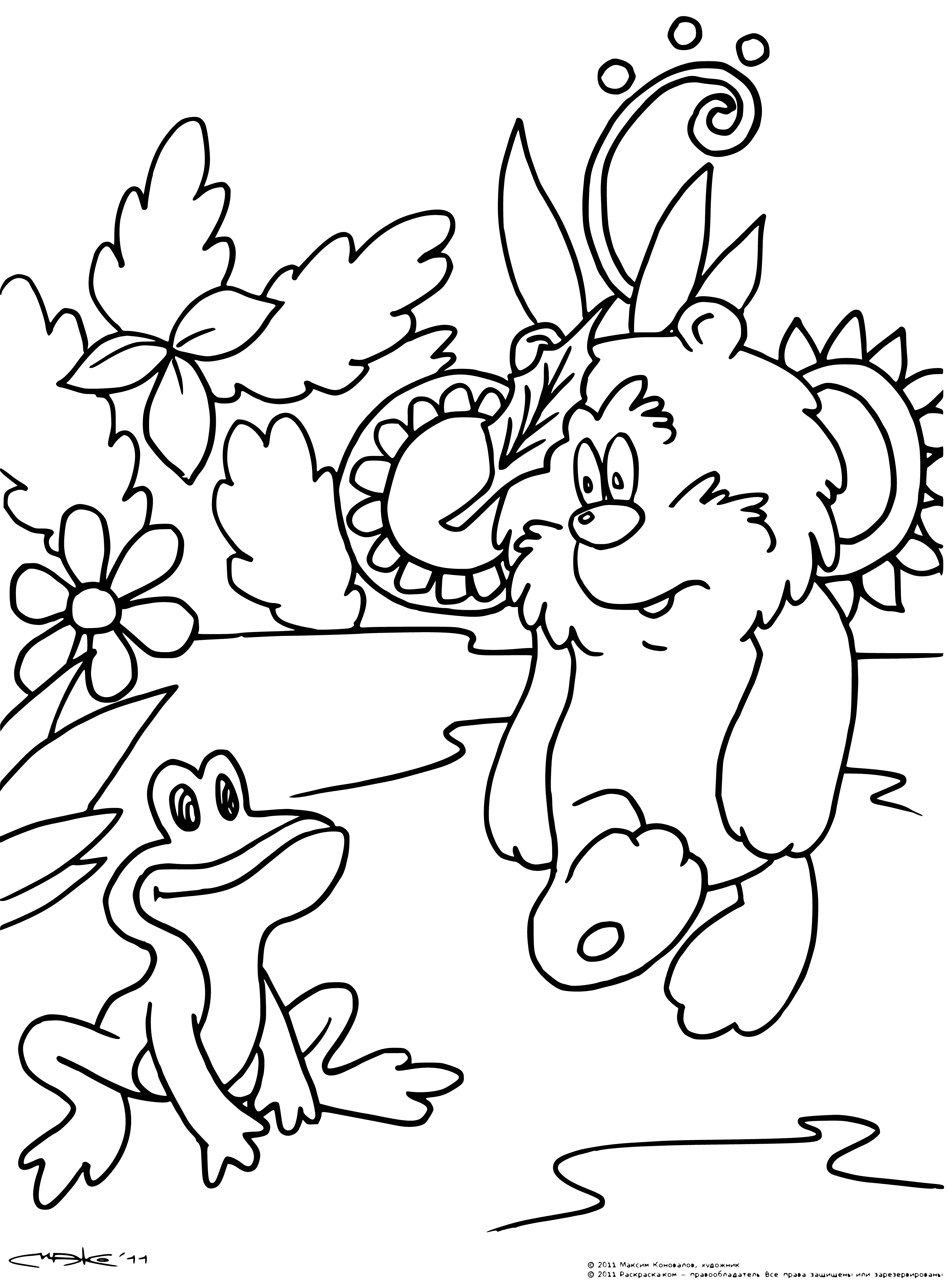 coloring page: A beige teddy bear wearing a brown ribbon sits on a green frog with a happy expression in a yellow background! #coloringpage