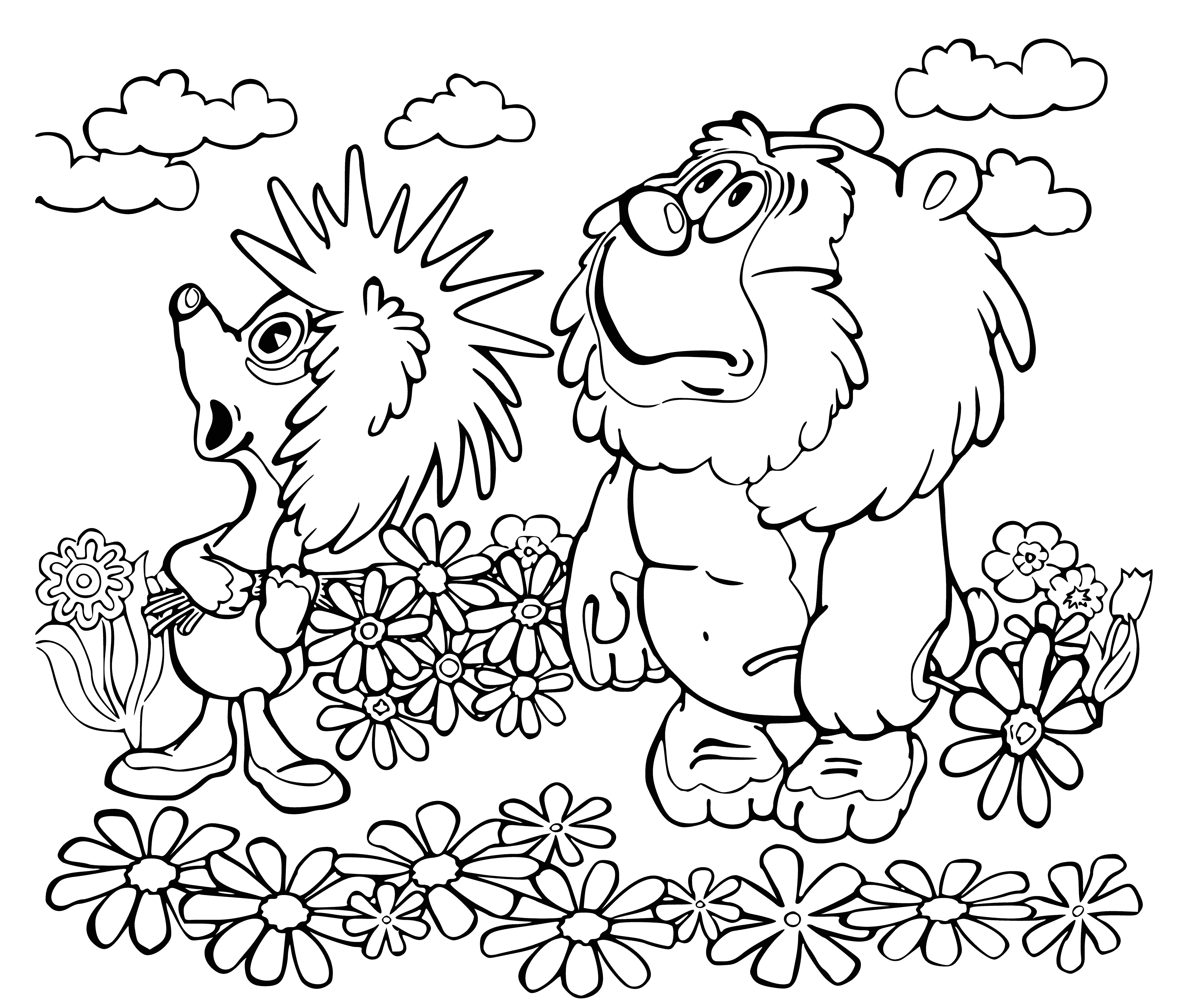 coloring page: Hedgehog holds stick in mouth, standing on a rock in a river; bear behind him stretching out paw to touch.