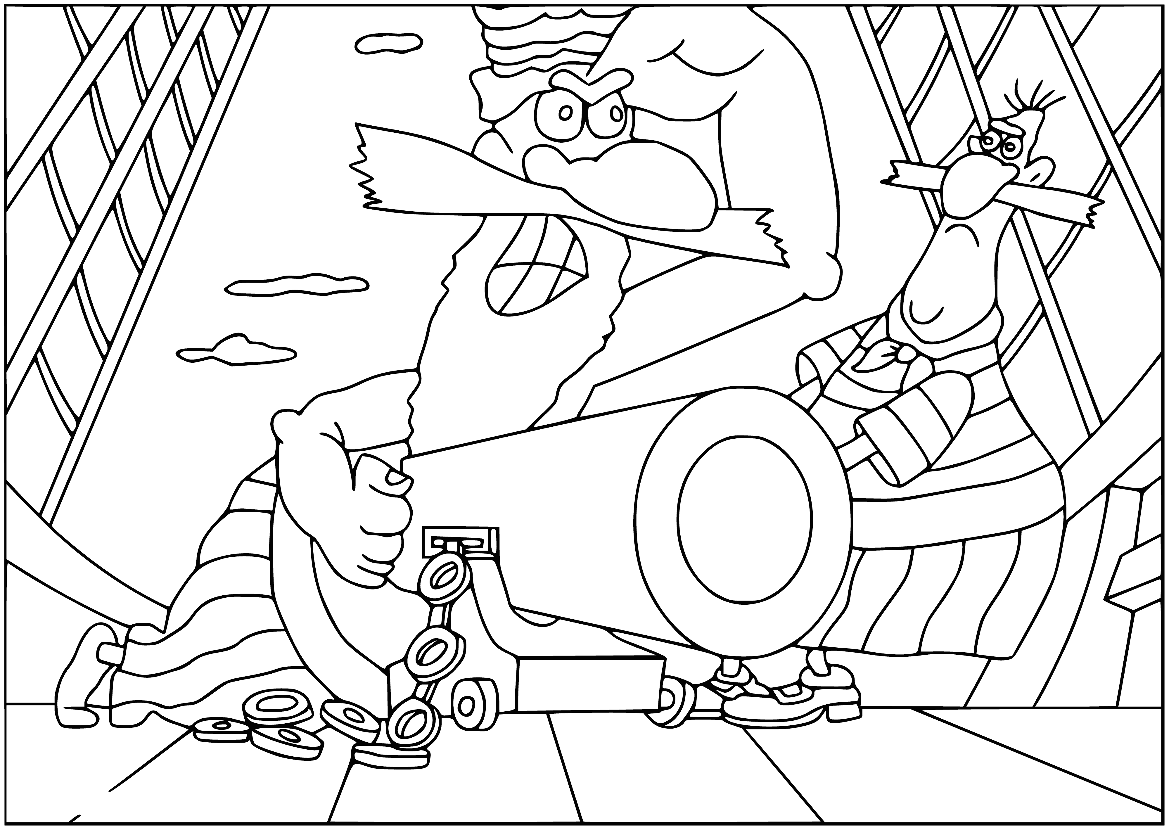 coloring page: Pirates are on a beach near an island with their ships, swords, pistols, maps & compasses. A skull & bones flag flies from one ship.